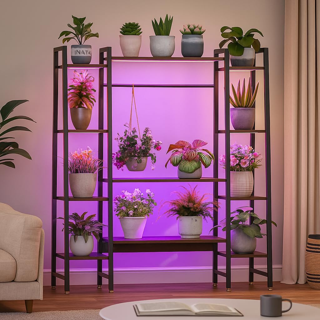 12-Tier Plant Stand with Grow Light - 55" Tall Wood & Metal Shelf with Timer