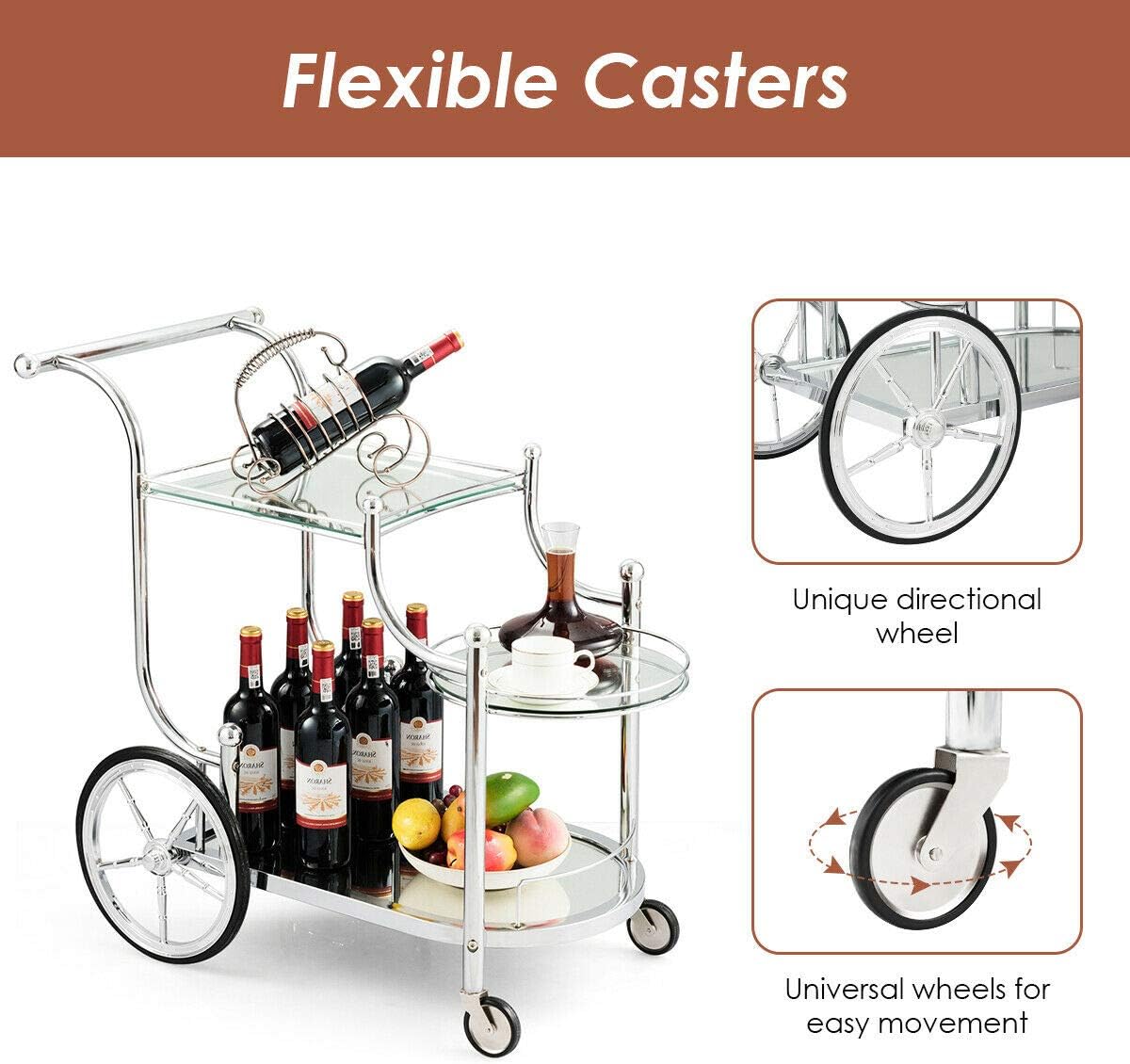 3-Tier Rolling Serving Cart with Tempered Glass