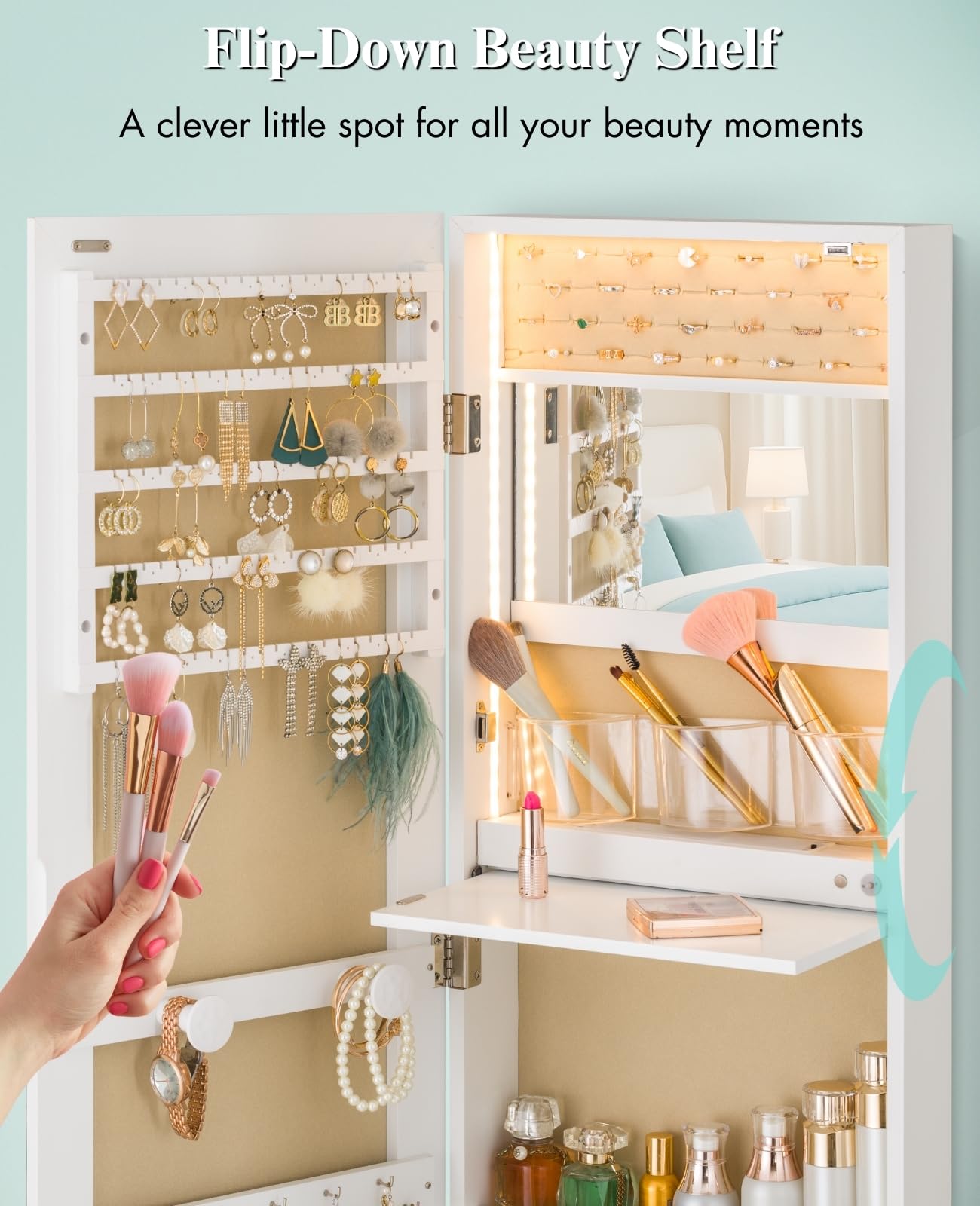 Wall Mounted Mirror Jewelry Cabinet with LED Lights