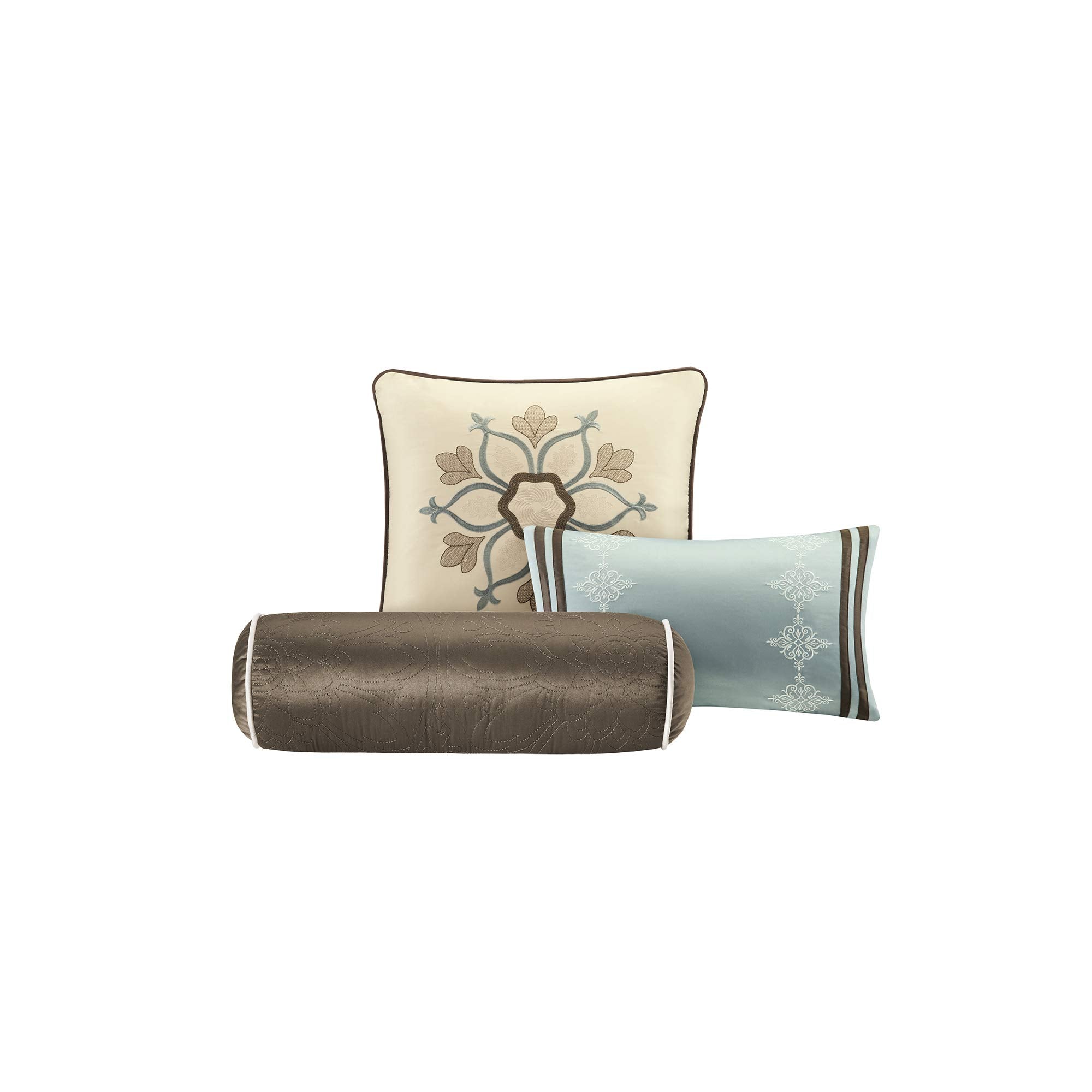 Queen Comforter Set 9 Piece - Blue Quilted Medallion Design with Bed Skirt