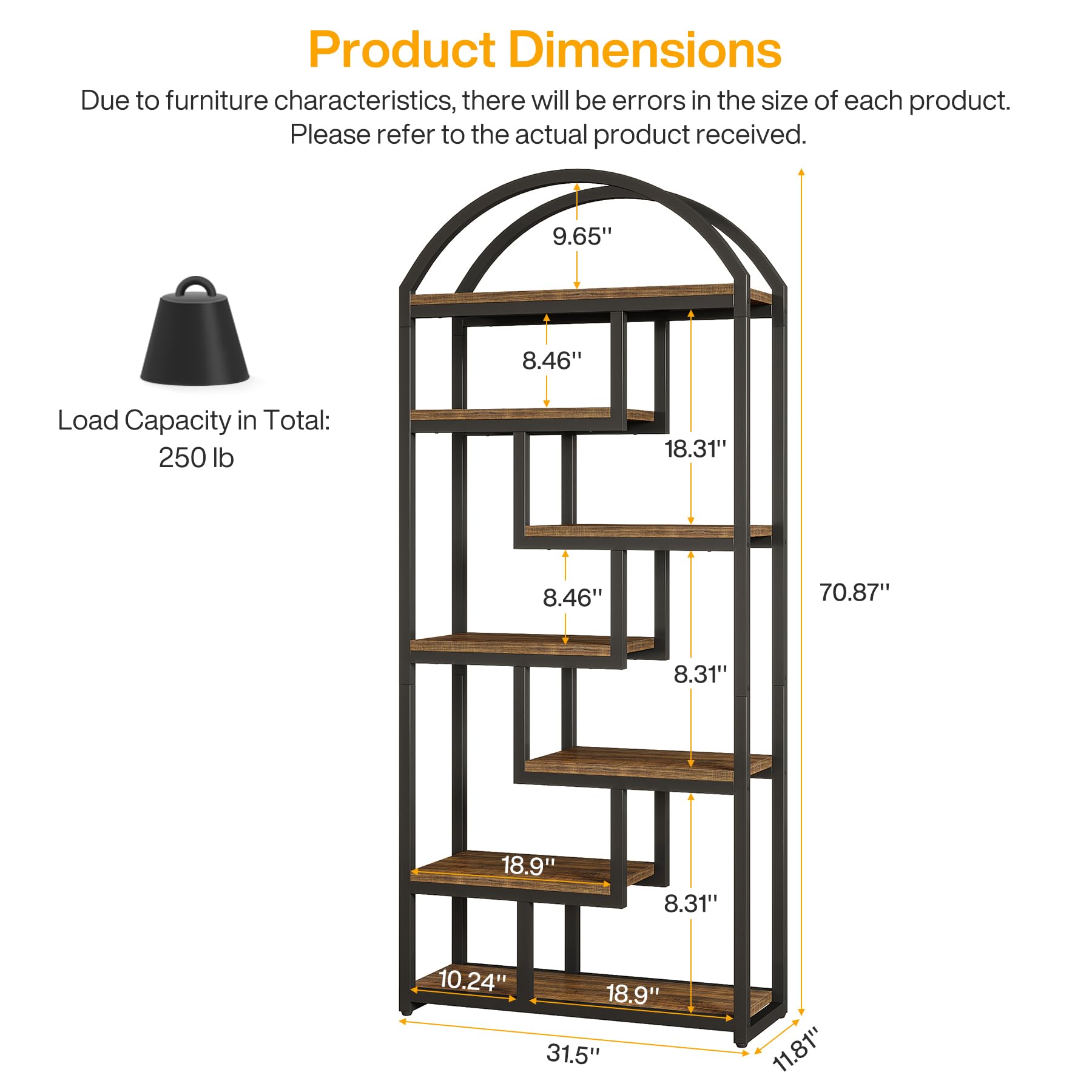 71" Tall Arched Bookshelf Industrial Etagere with Open Display Shelves