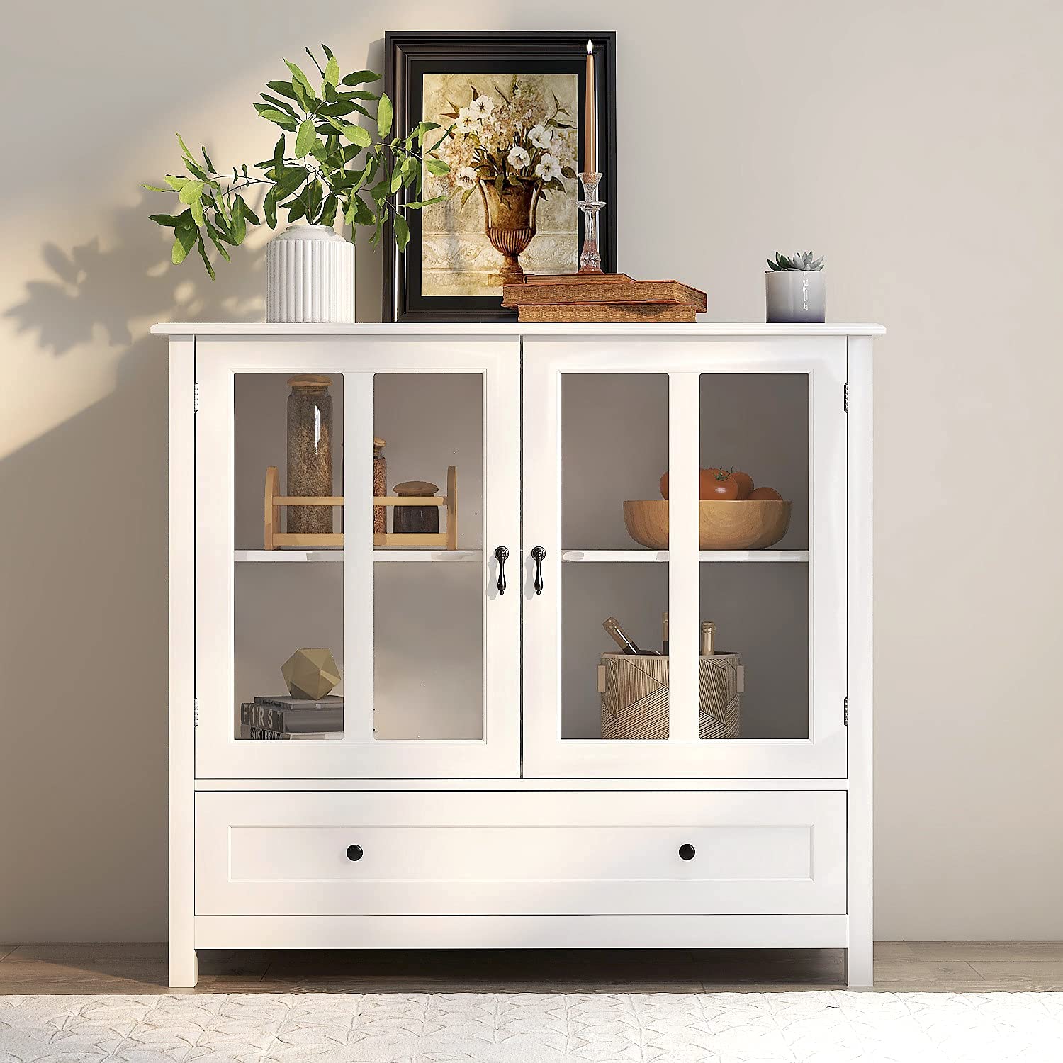 Modern White Buffet Cabinet with Glass Doors