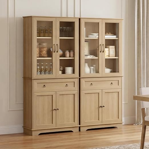 Tall Kitchen Pantry Cabinet with Glass Doors