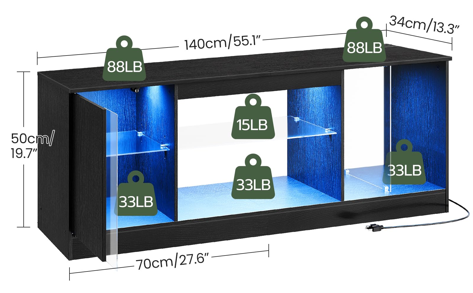55 Inch TV Stand with LED Lights and Power Outlets