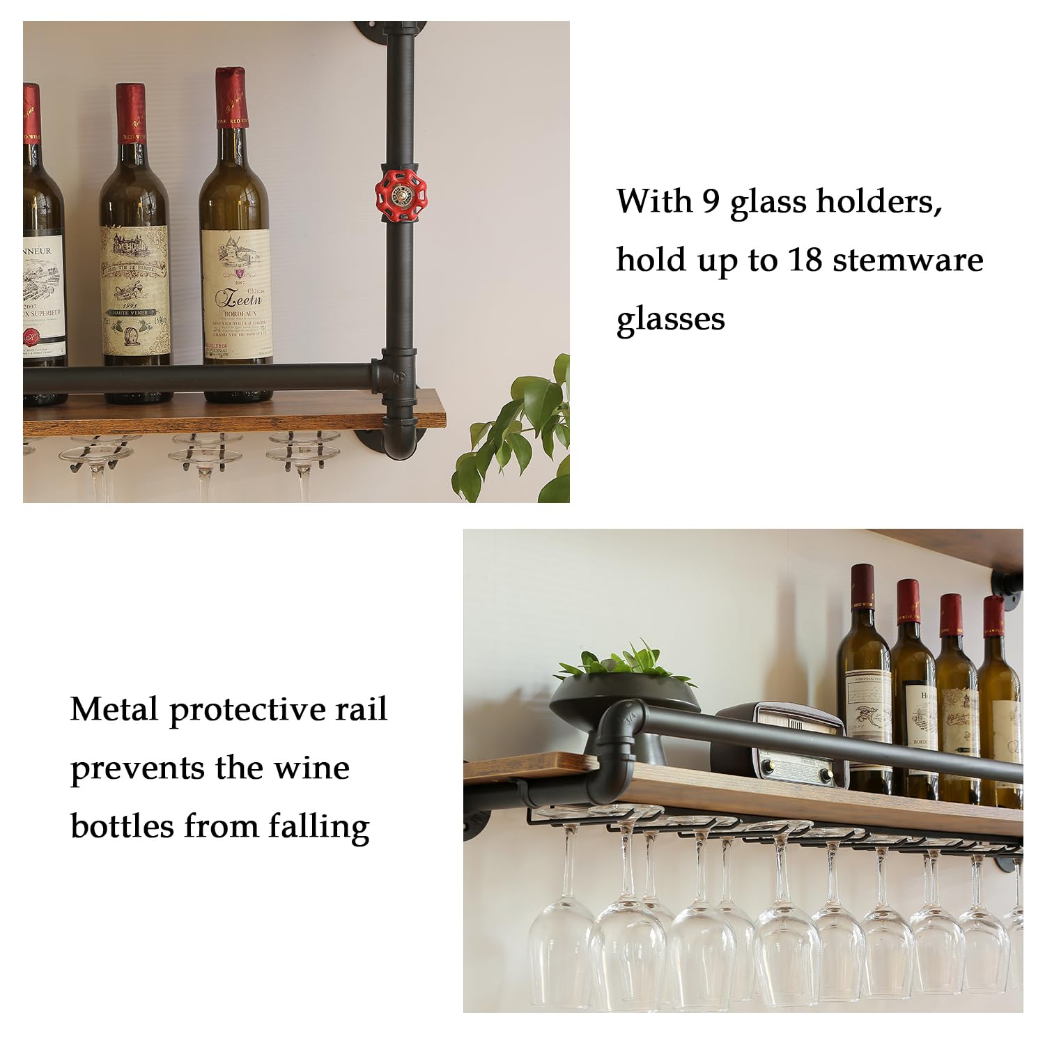Wall Mounted Wine Rack 2 Tier with Glass Holder