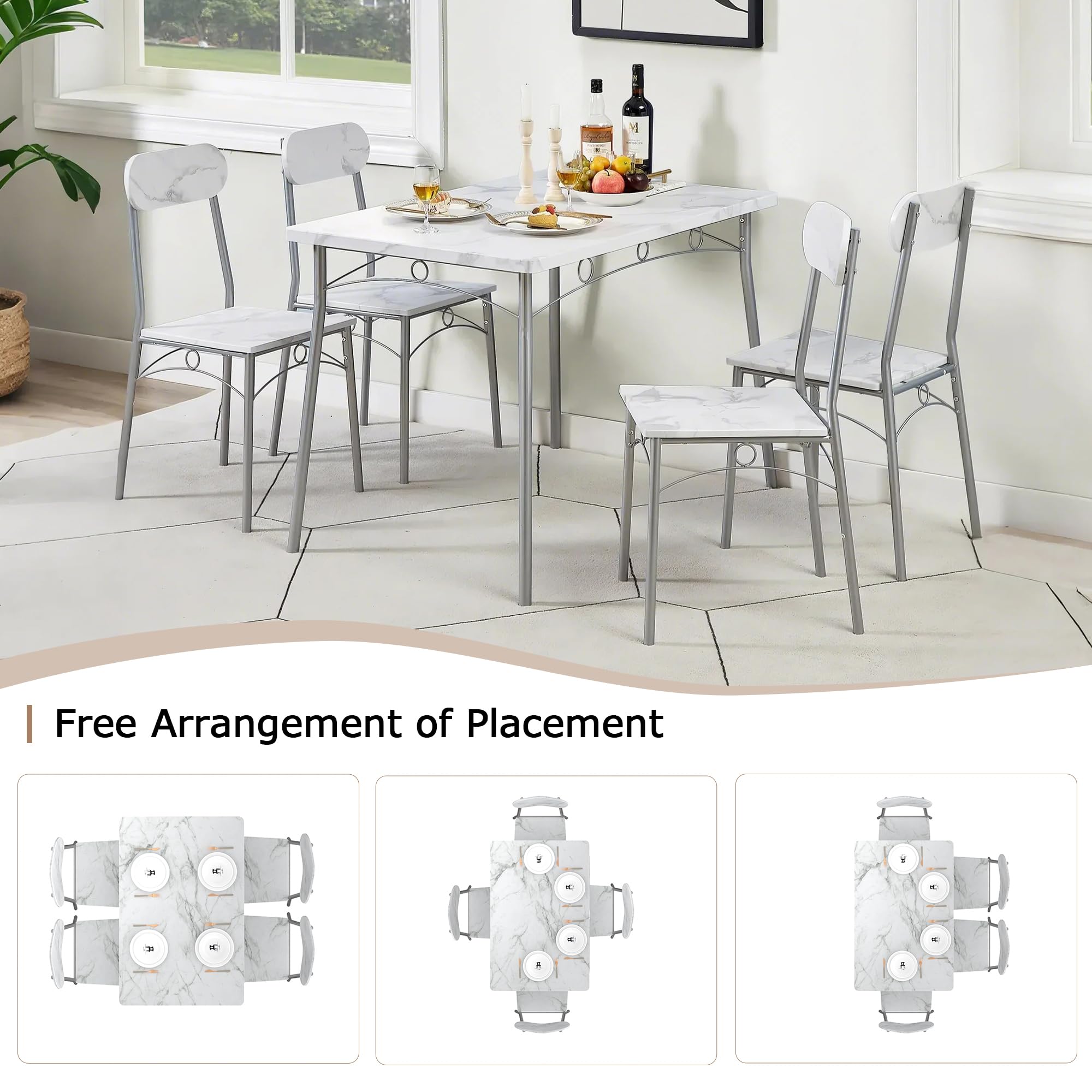 5-Piece Dining Table Set for 4 with Wooden Chairs