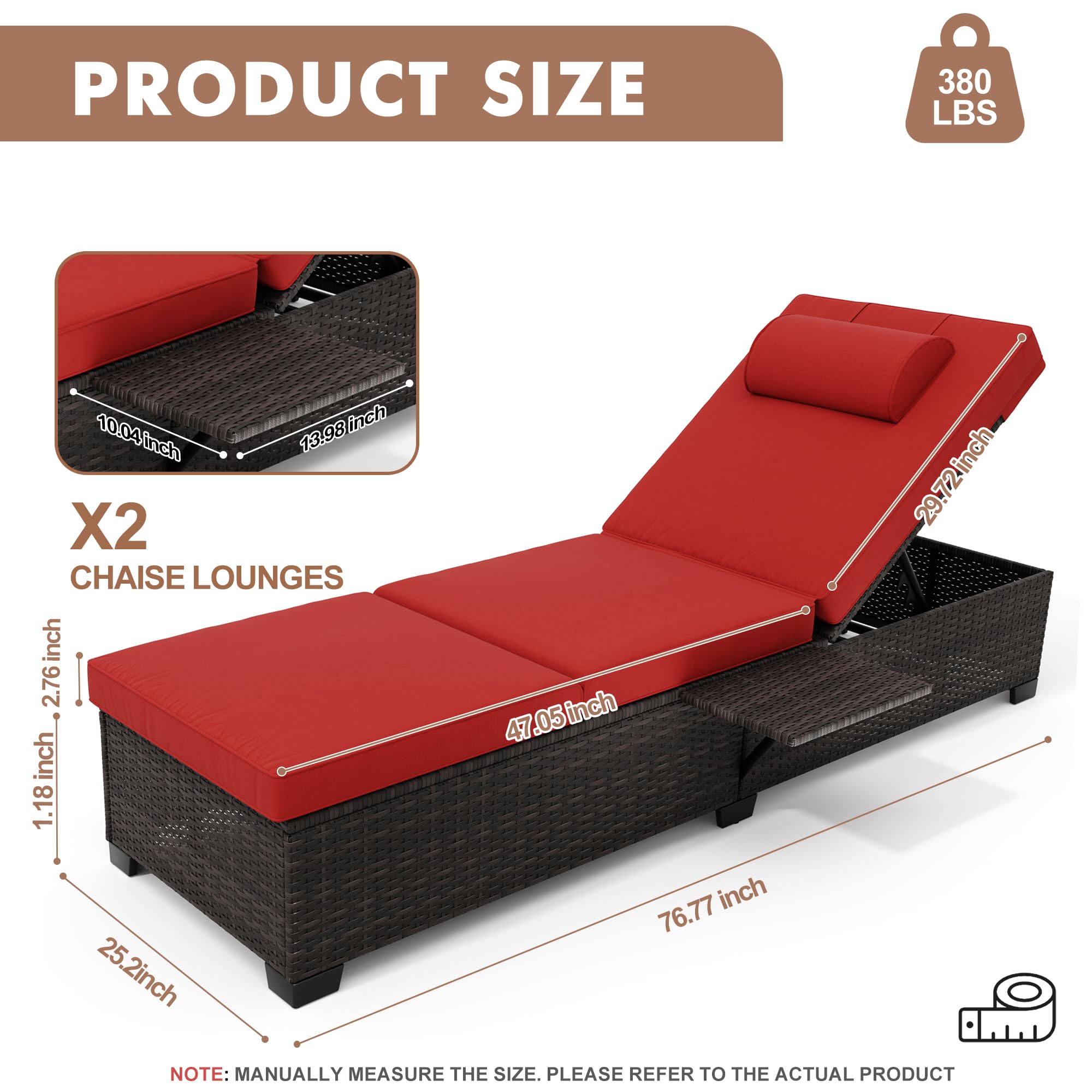 Outdoor PE Wicker Chaise Lounge Chairs Set of 2 with Adjustable Backrest