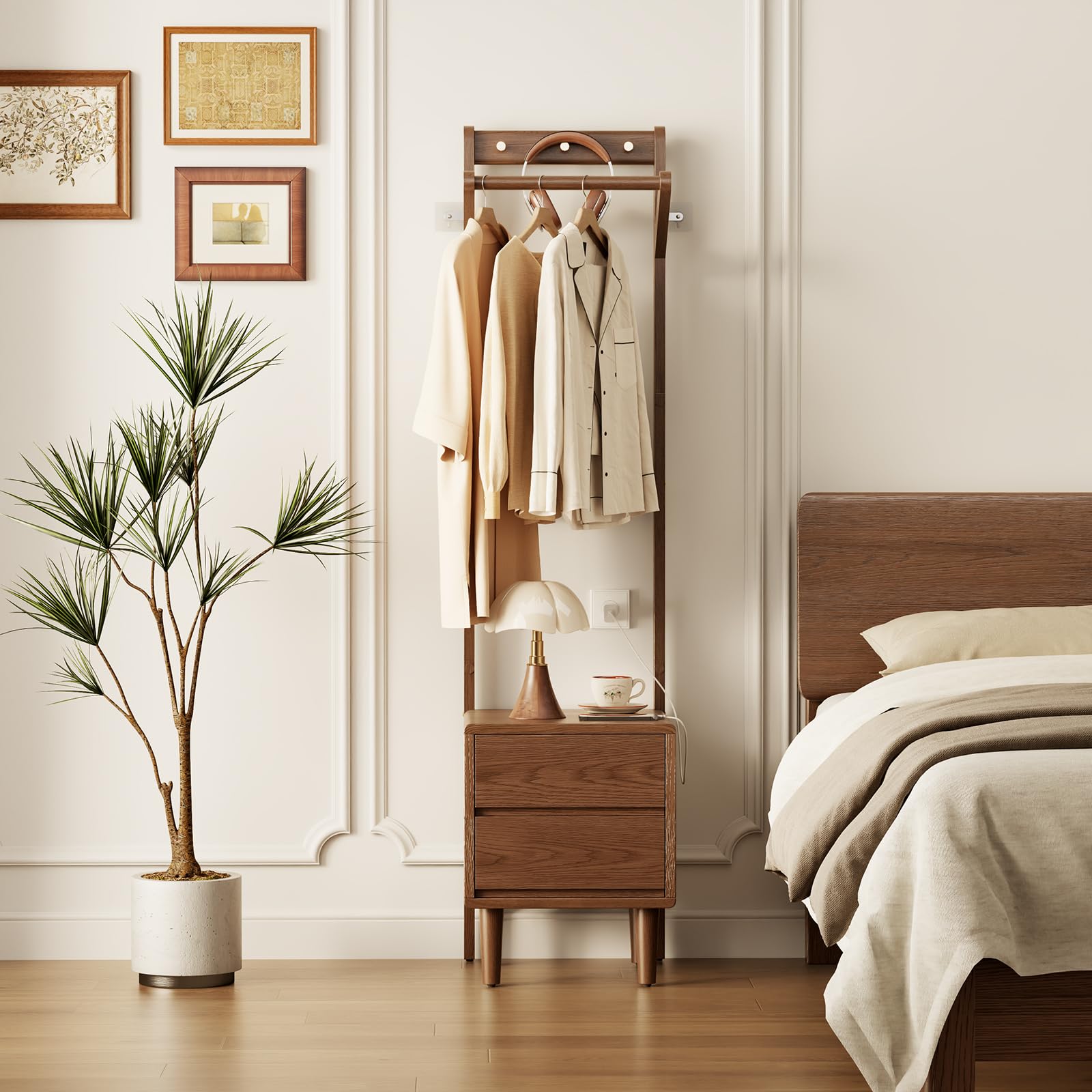 Freestanding Coat Rack with 2 Drawers and 6 Hooks