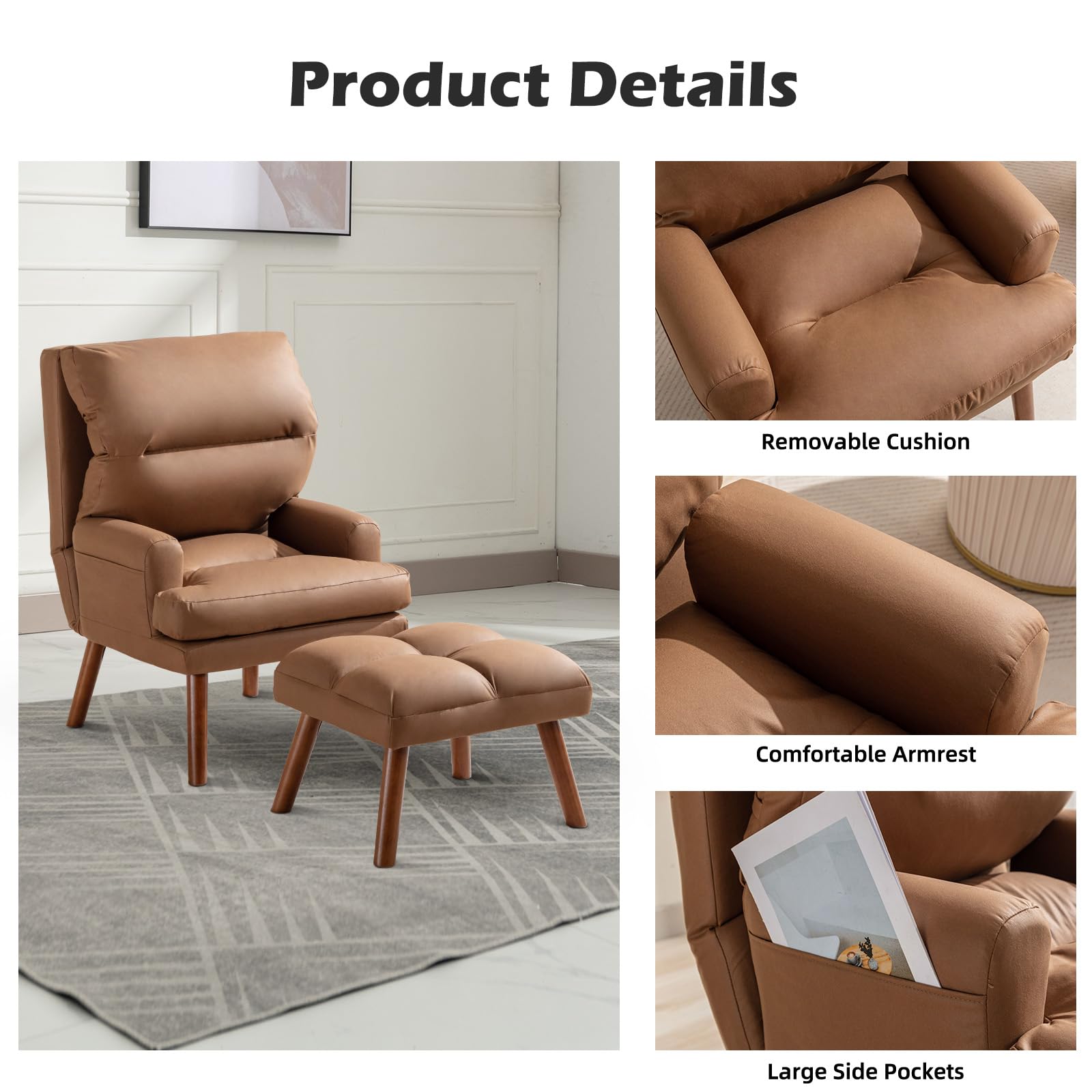 IOMOR Modern Accent Chair with Storage, Single Sofa Armchair with Plump Back Pillow, Upholstered Comfy Chair for Living Room, Bedroom, Office (Brown)