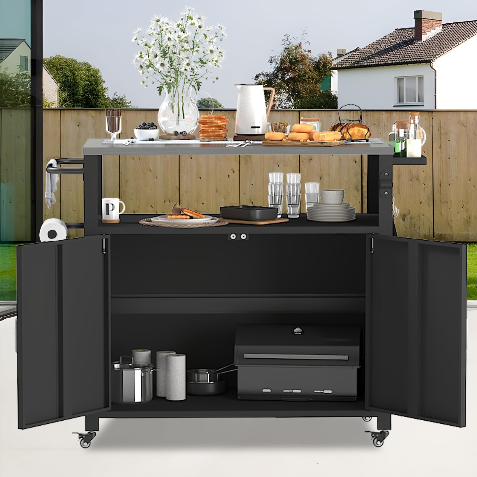 Outdoor Grill Table with Storage and Stainless Steel Top