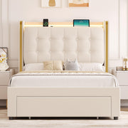 Upholstered LED Twin Bed Frame with Storage and Charging Station