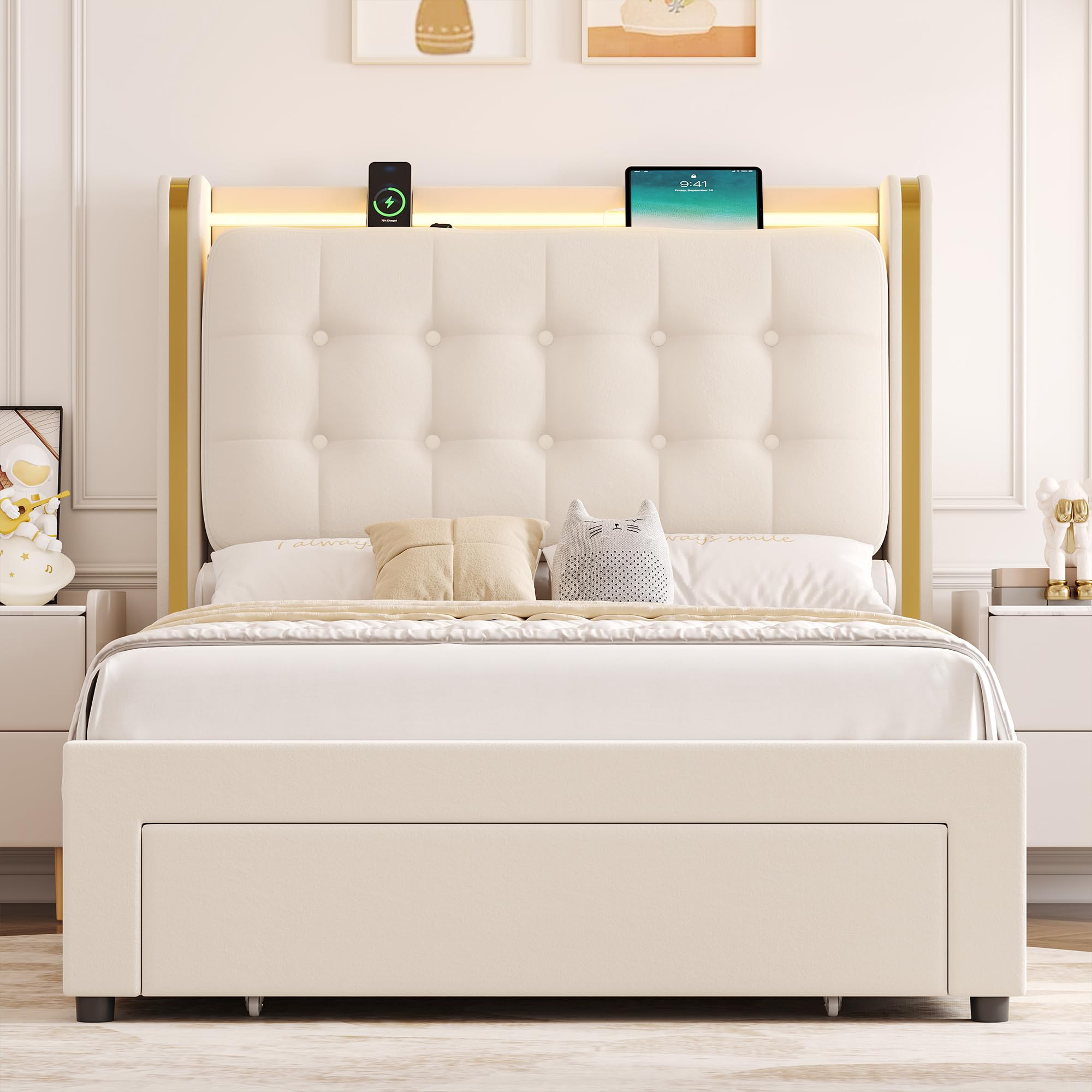 Upholstered LED Twin Bed Frame with Storage and Charging Station
