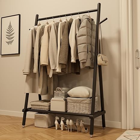 Solid Wood Rolling Clothing Rack with Shelves