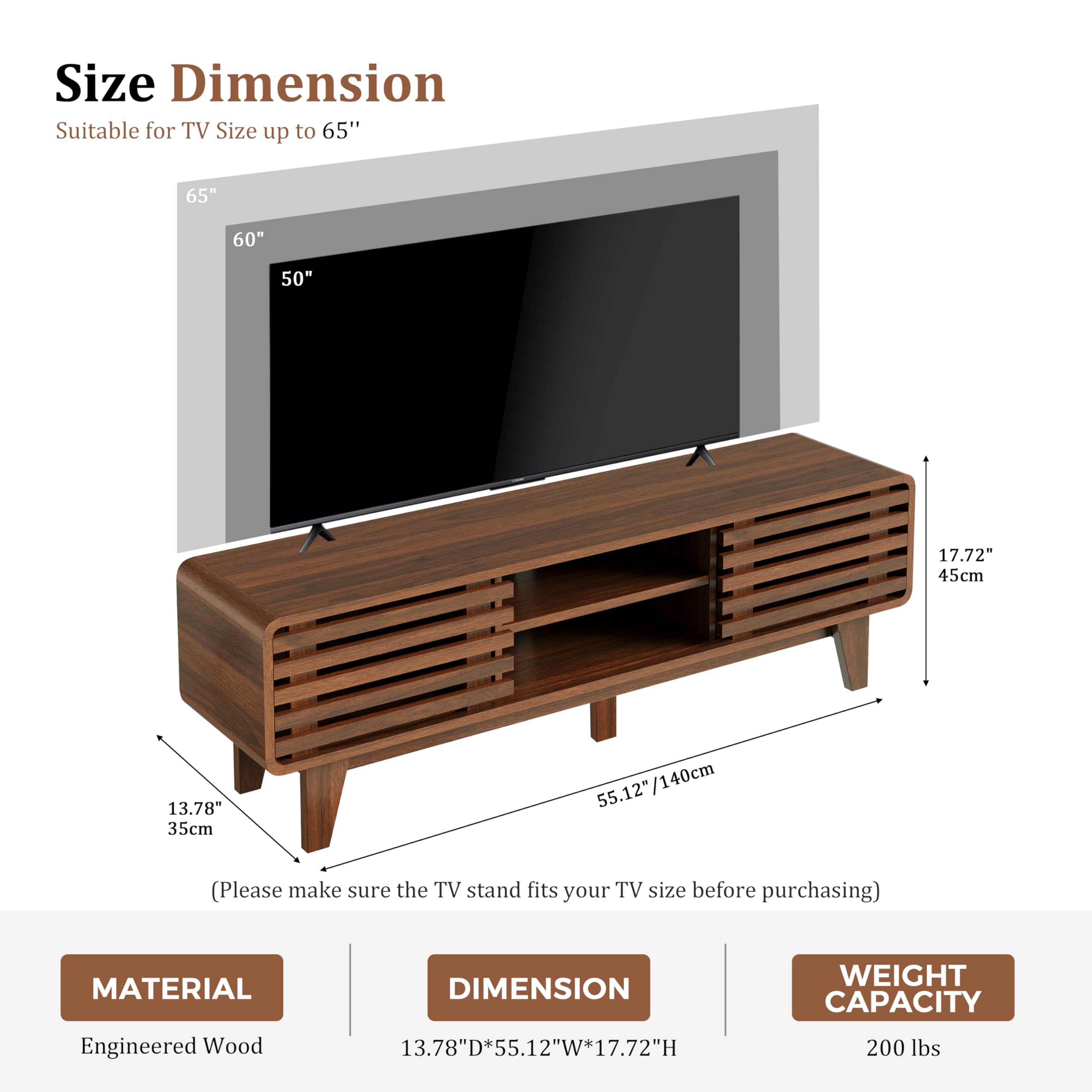 Luoxiao TV Stand for 55/60/65 inch TV Mid Century Modern Entertainment Center with Storage Shelves and Grille Sliding Doors, TV Media Console Television Stands for Living Room, Bedroom, Walnut