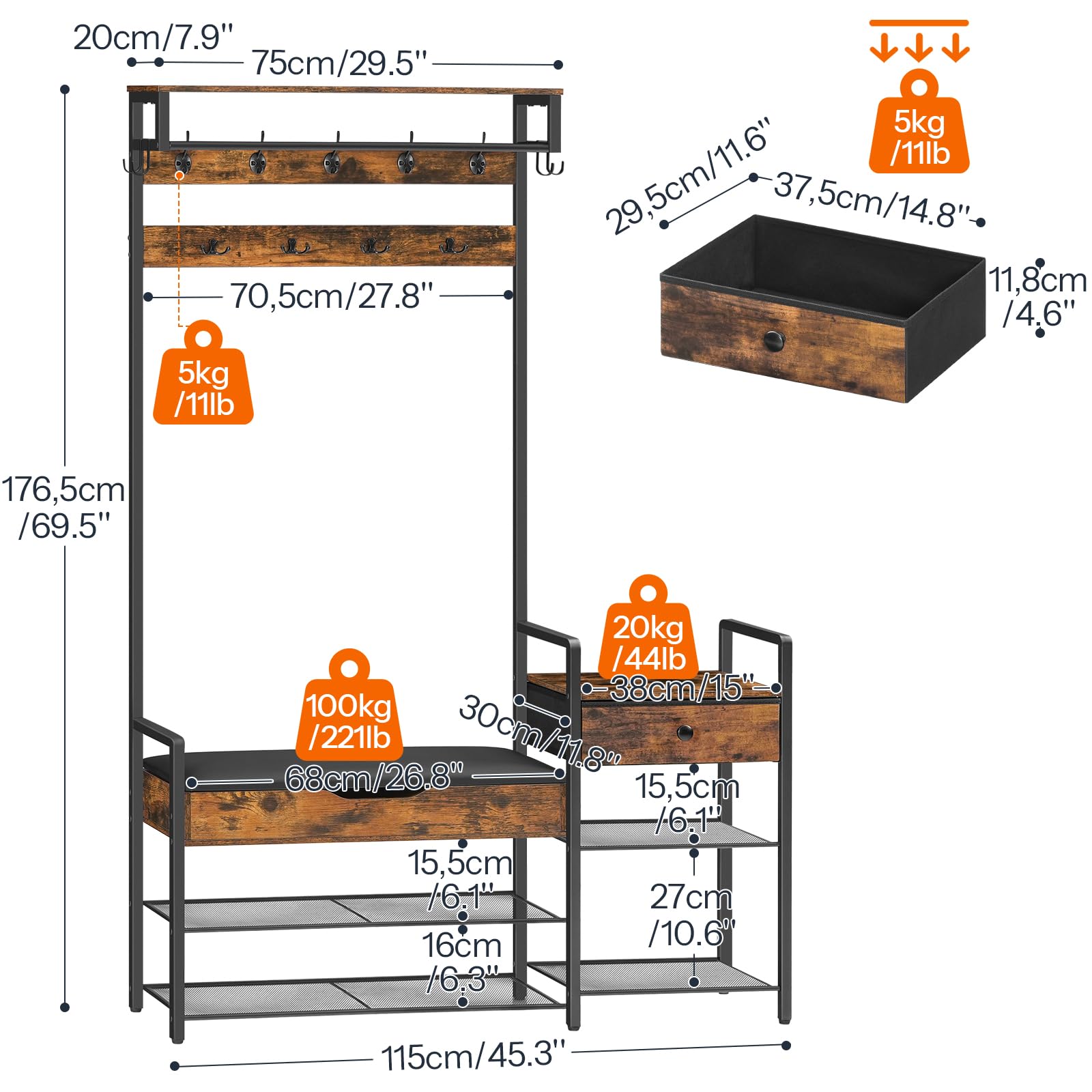 Hall Tree with Bench and Coat Rack