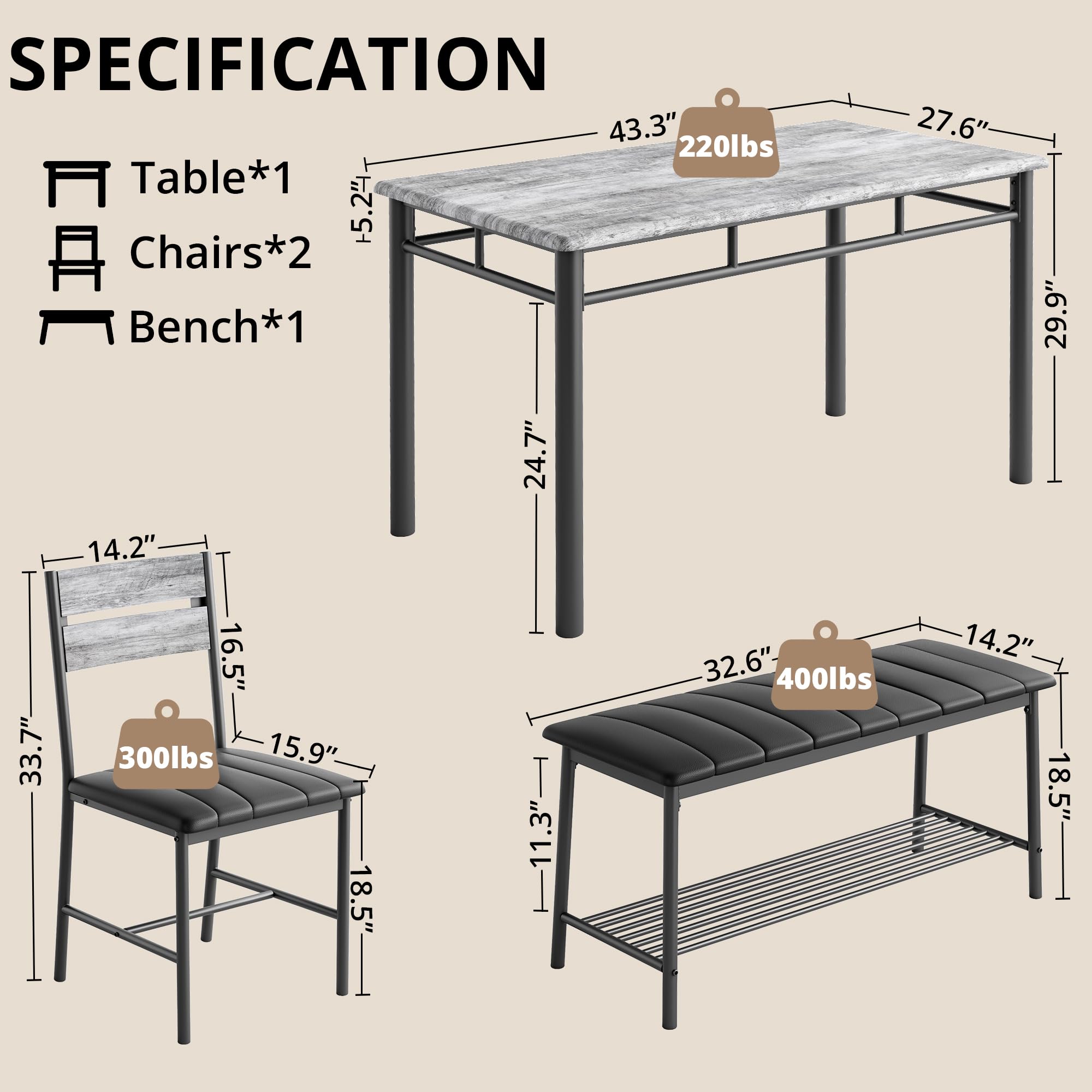 4-Piece Dining Table Set with Upholstered Bench