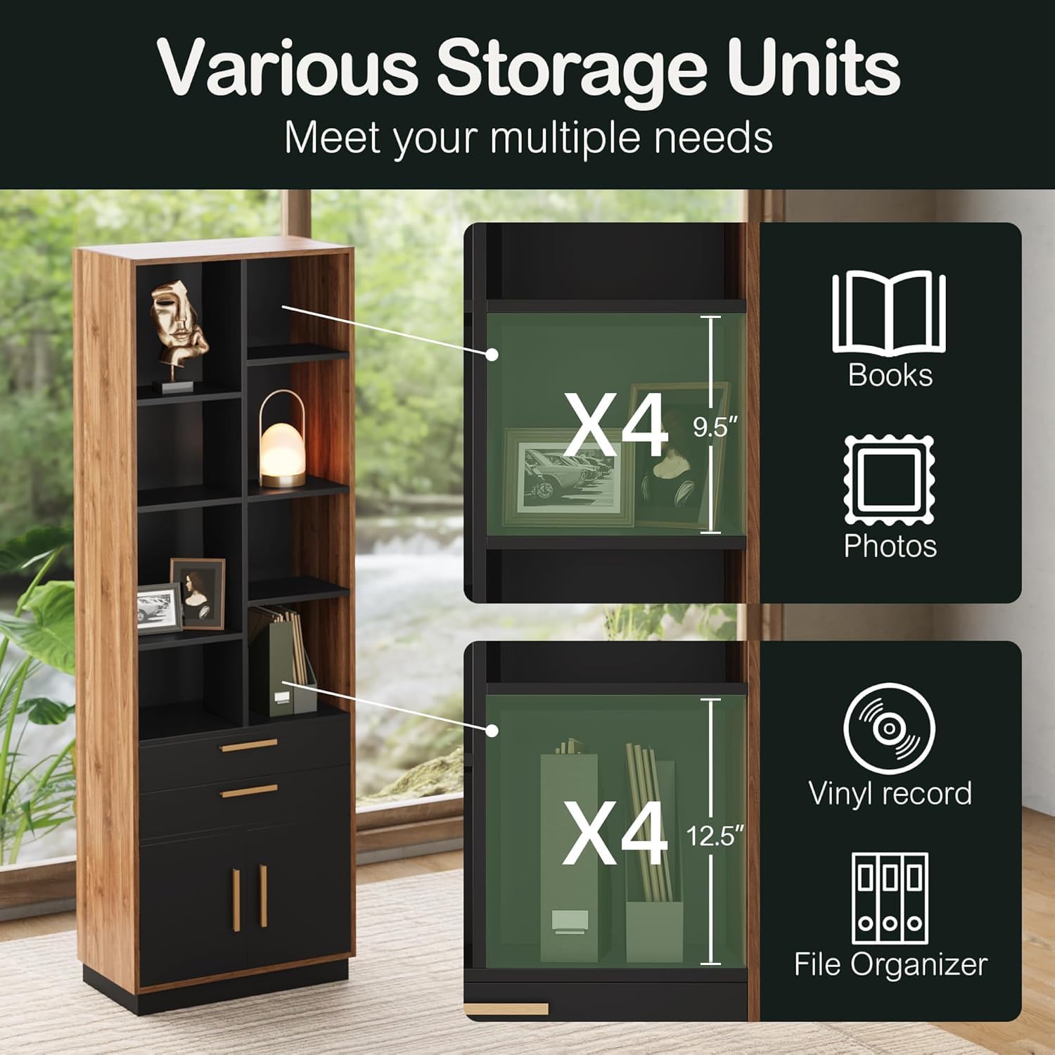 Wood Bookcase with Drawers and Doors 73.3" Tall