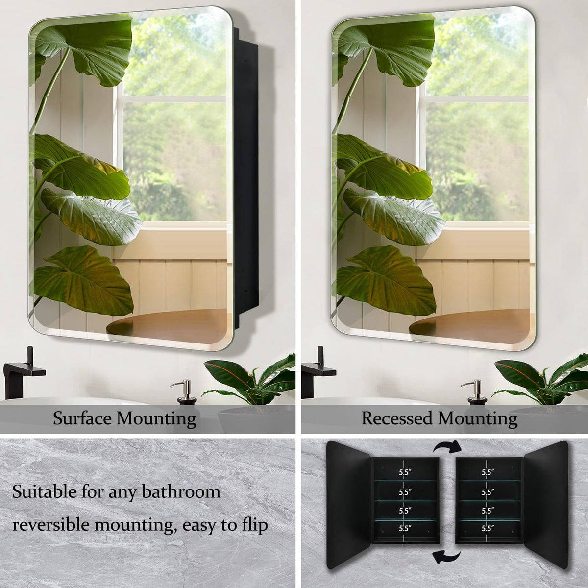 16" x 26" Frameless Medicine Cabinet with Mirror - Black