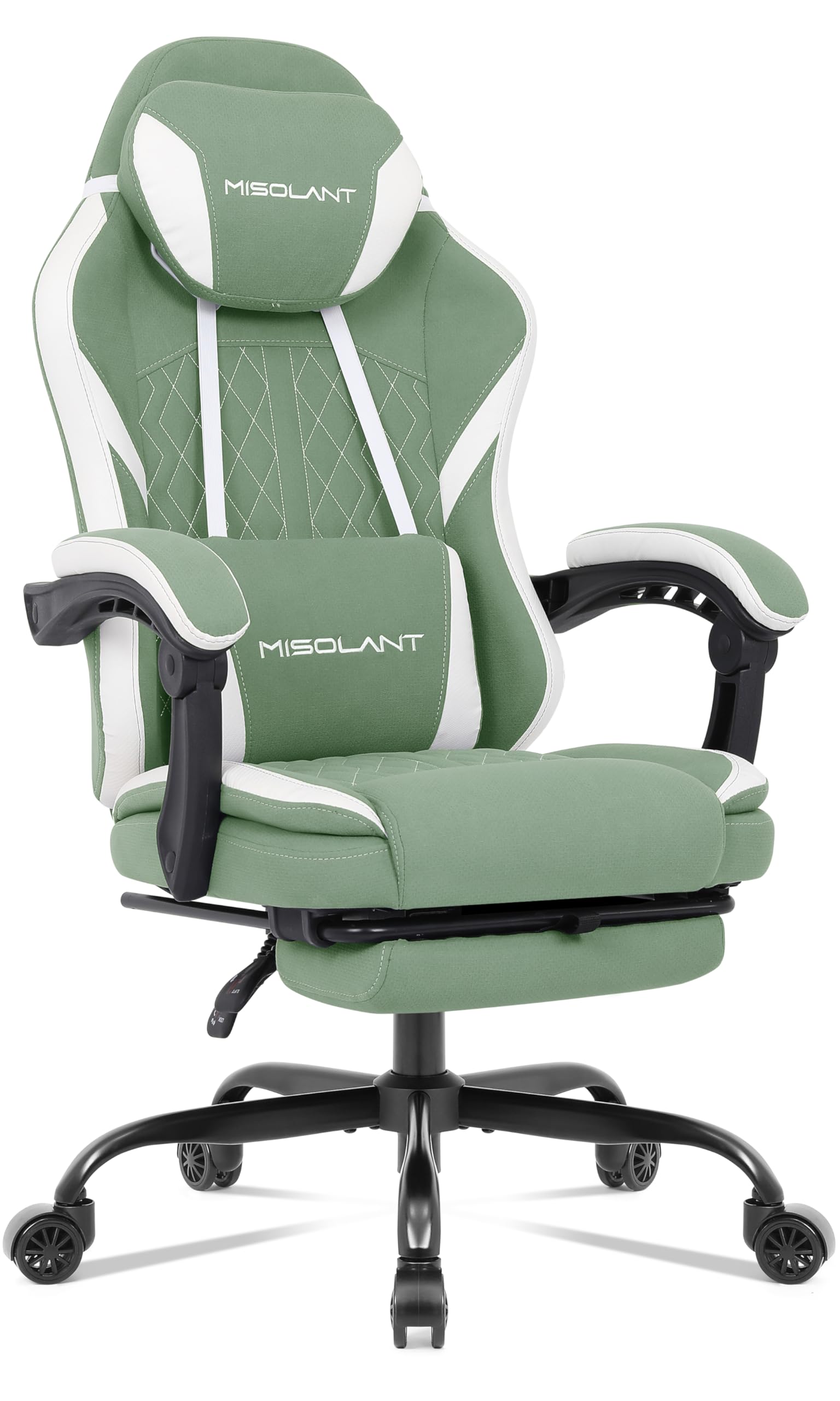 Misolant Gaming Chair, Fabric Gamer Chair with footrest for Adults, High Back Ergonomic Computer Game Chair with Adjustable Headrest and Massage Lumbar Support, 90-155° Recline Free, Green