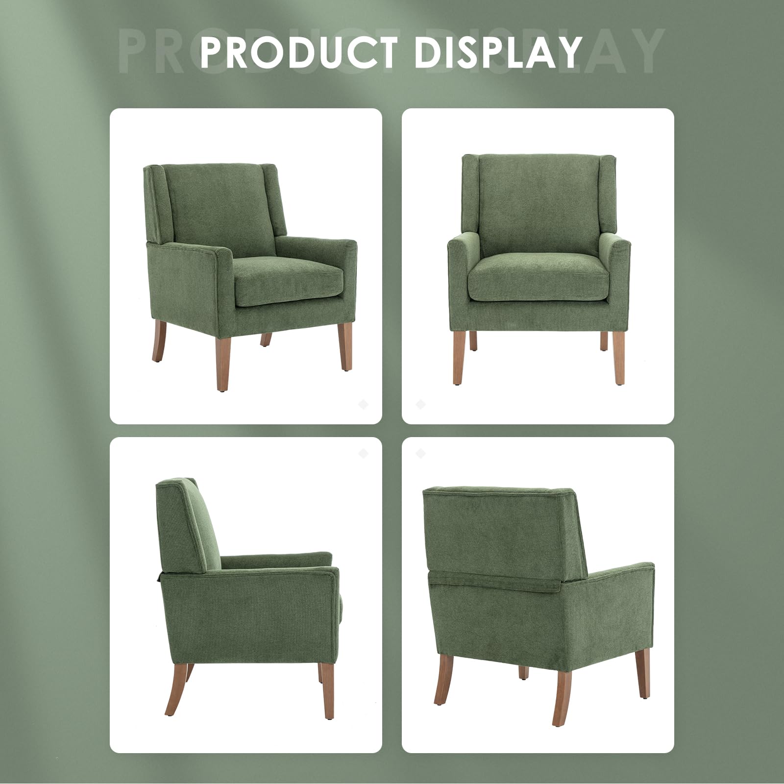 Mid-Century Modern Wingback Accent Chair Set of 2 - Green Chenille Upholstered