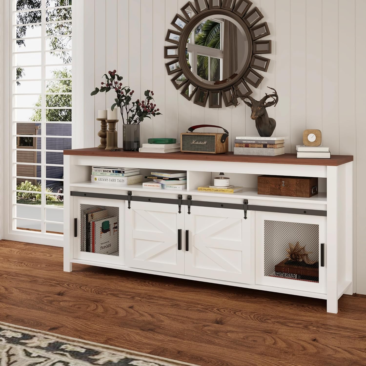 Modern Farmhouse TV Stand for 65 Inch TV with Sliding Barn Door