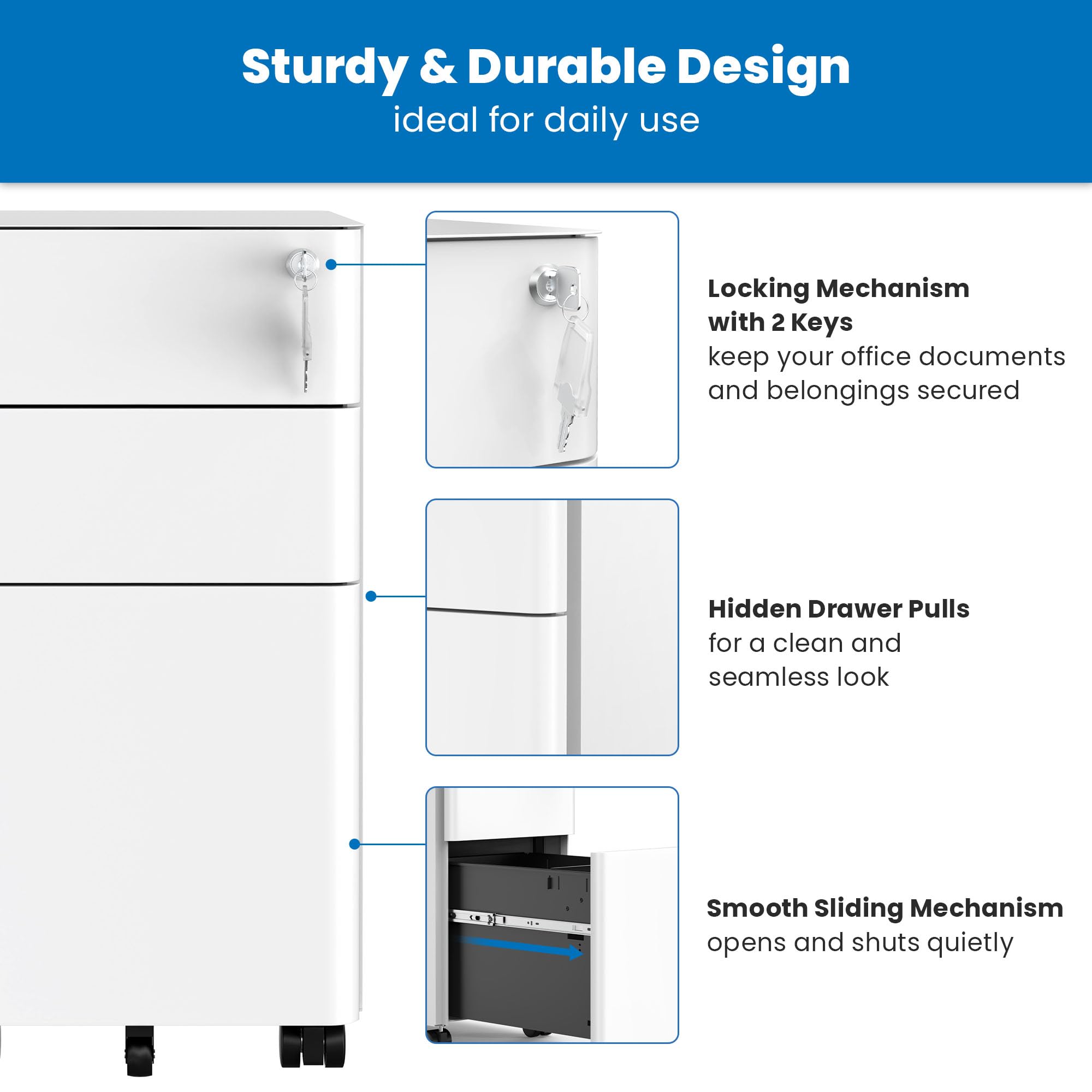 3-Drawer Rolling File Cabinet with Lock