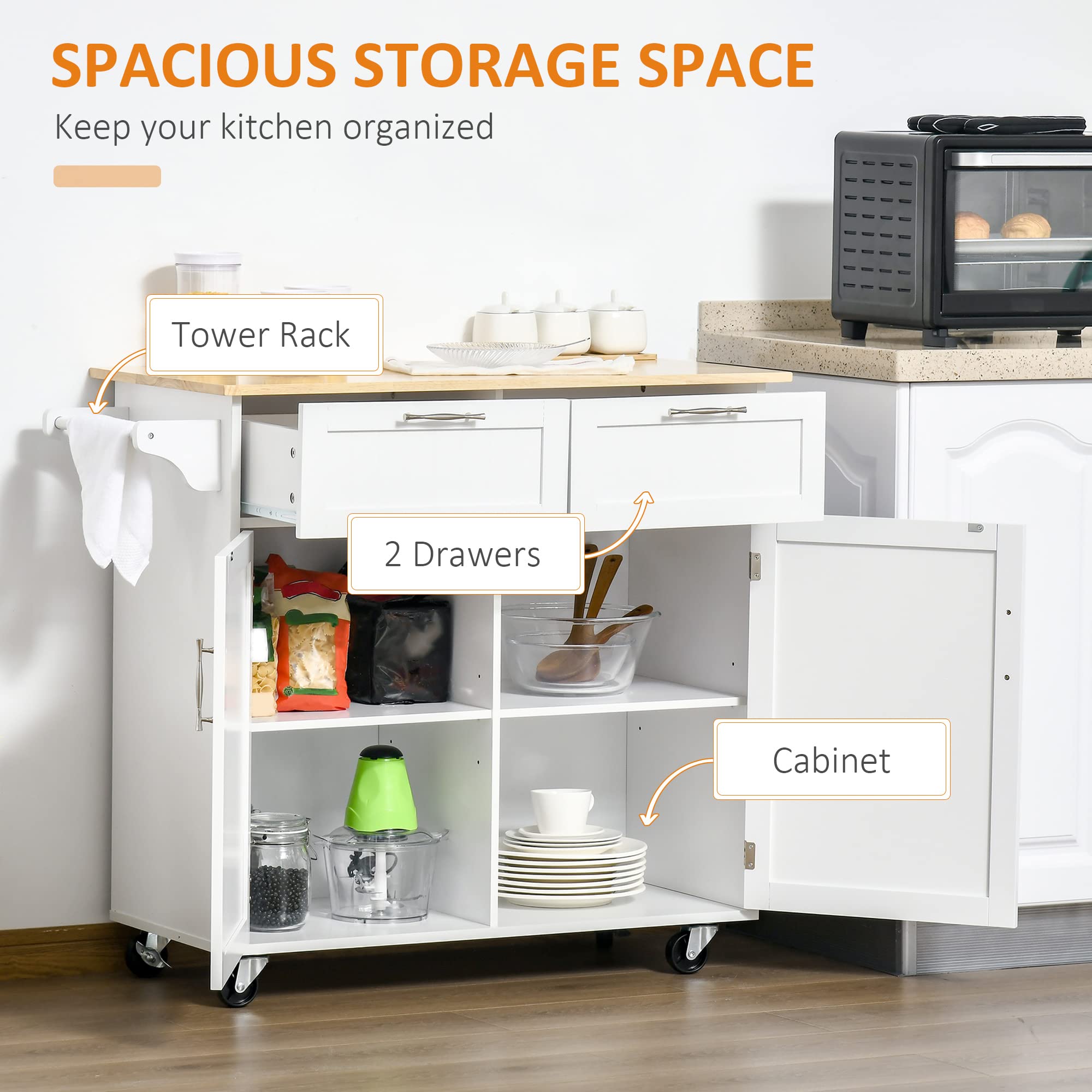 Modern Rolling Kitchen Island with Rubberwood Top