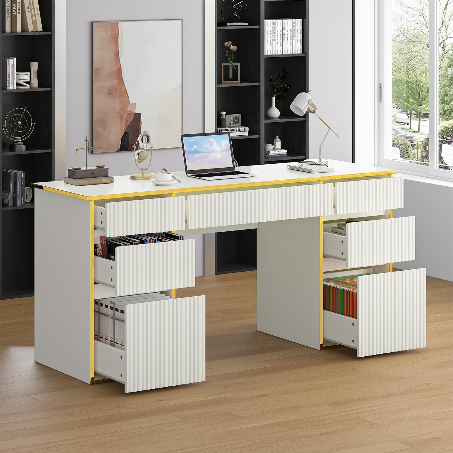 White Computer Desk with Drawers 58 Inch