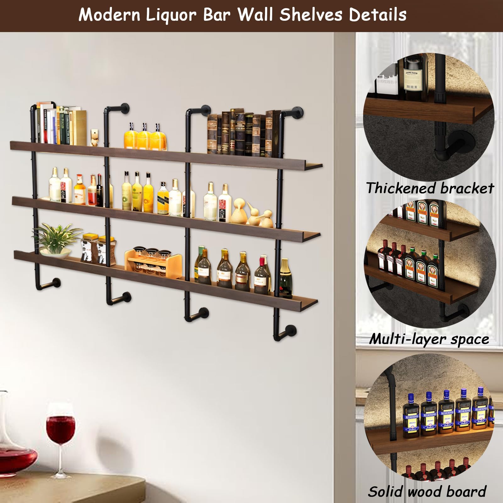 Large Wine Rack with LED Light - 3-Tier Wall Mounted Floating Shelves