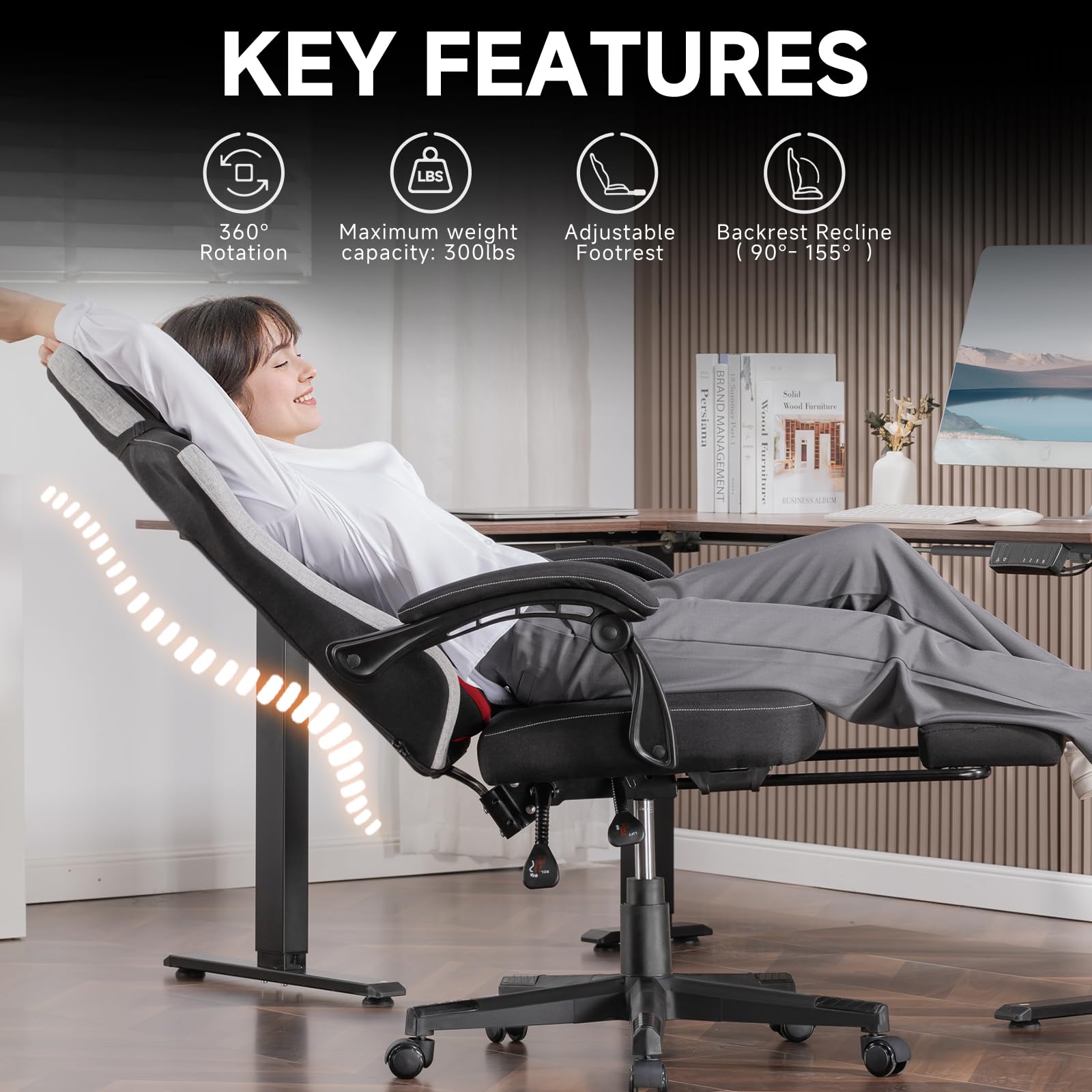 Fabric Gaming Chair with Pocket Spring Cushion and Adjustable Recliner