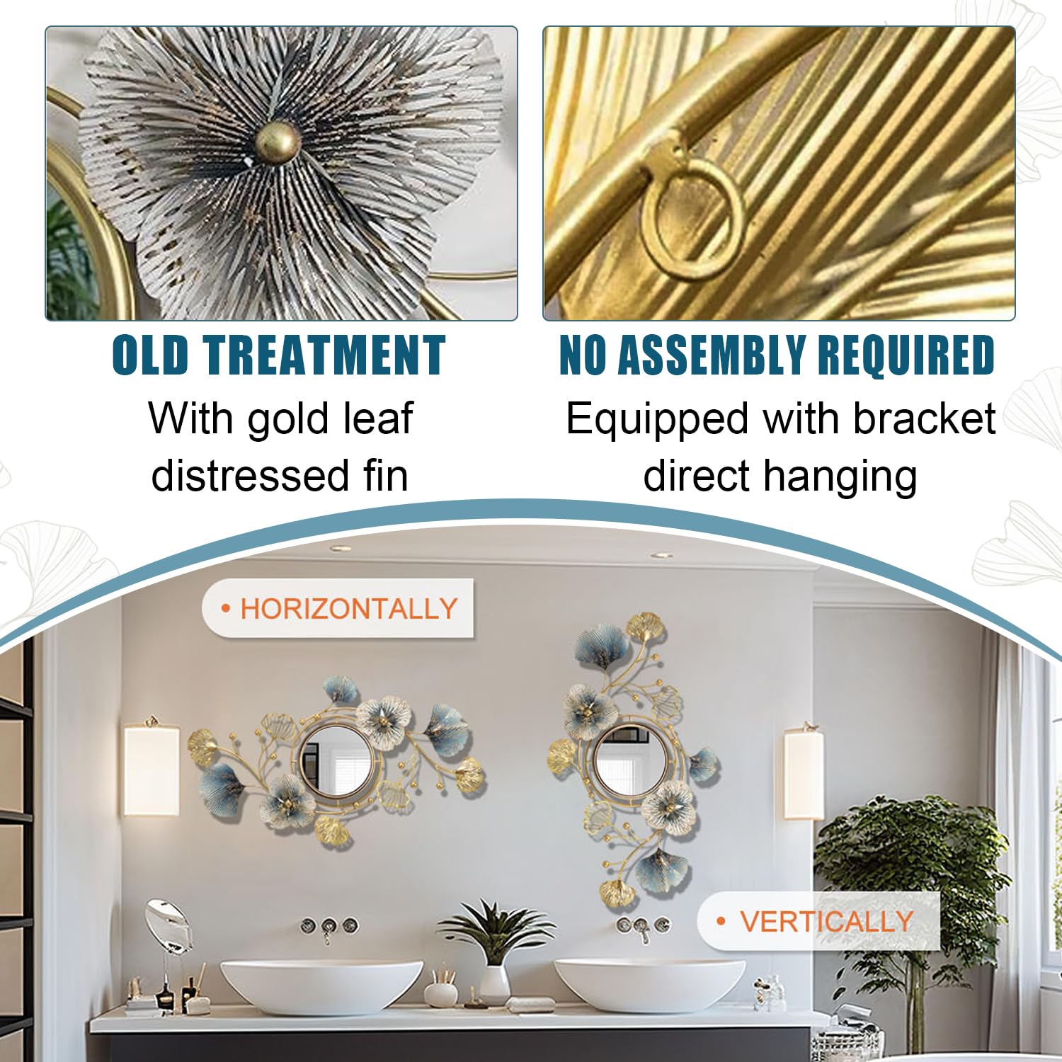 Ginkgo Leaf Wall Mirror Gold Metal 3D Decorative