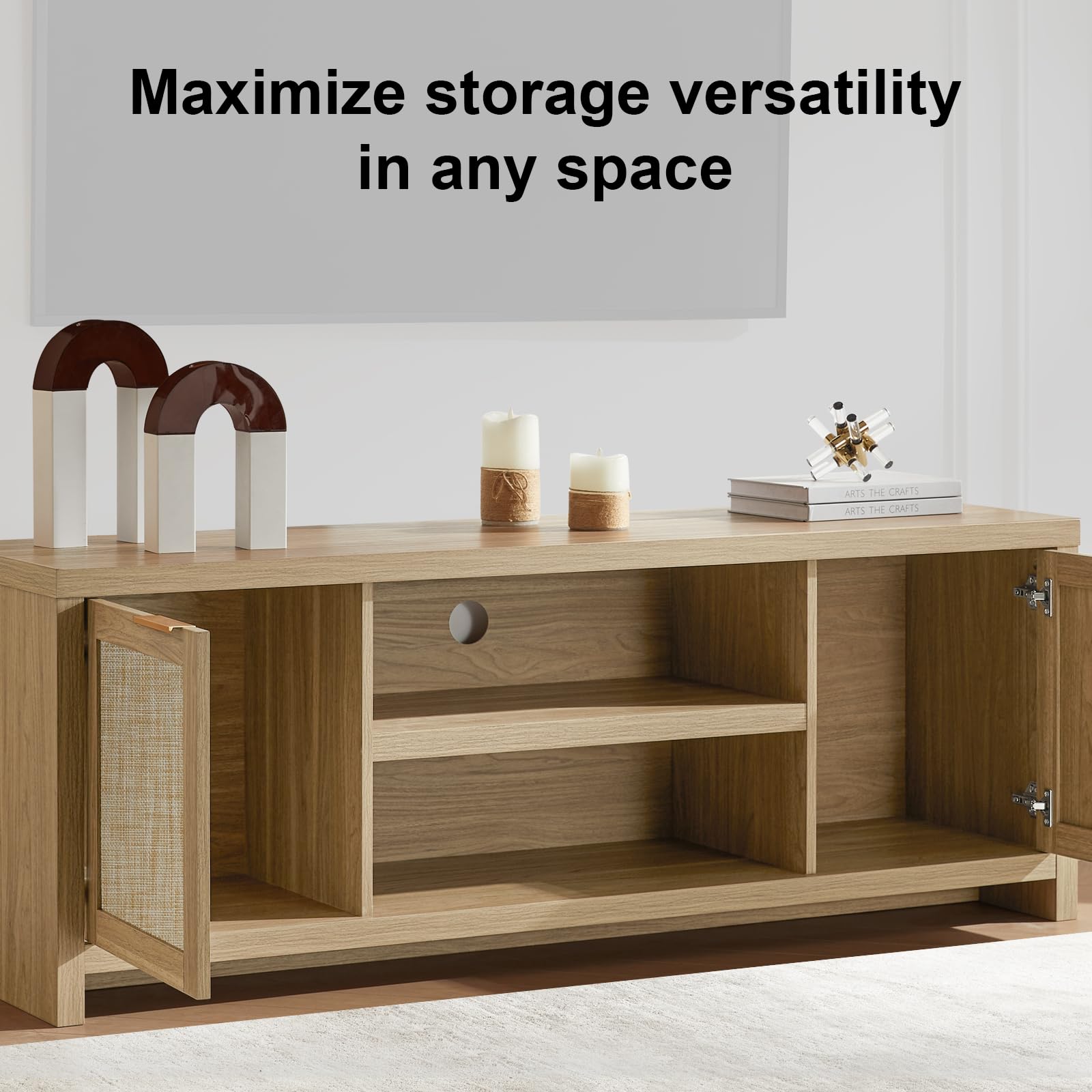 TV Stand with Rattan Doors for 50-65 Inch TVs