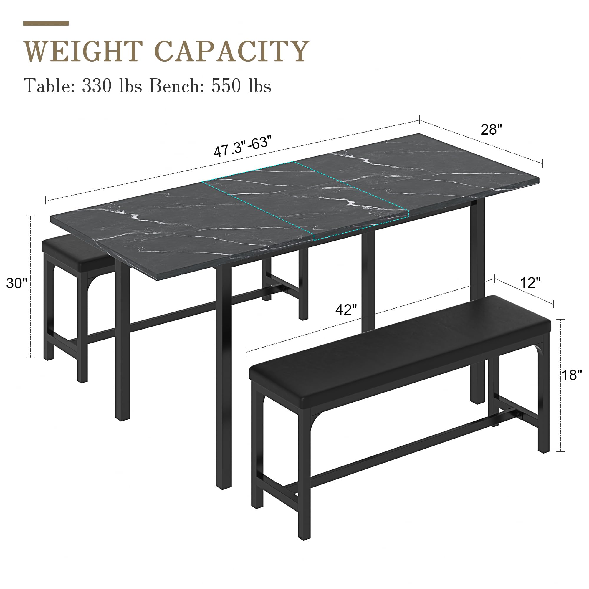 63" Extendable Dining Table Set with Benches