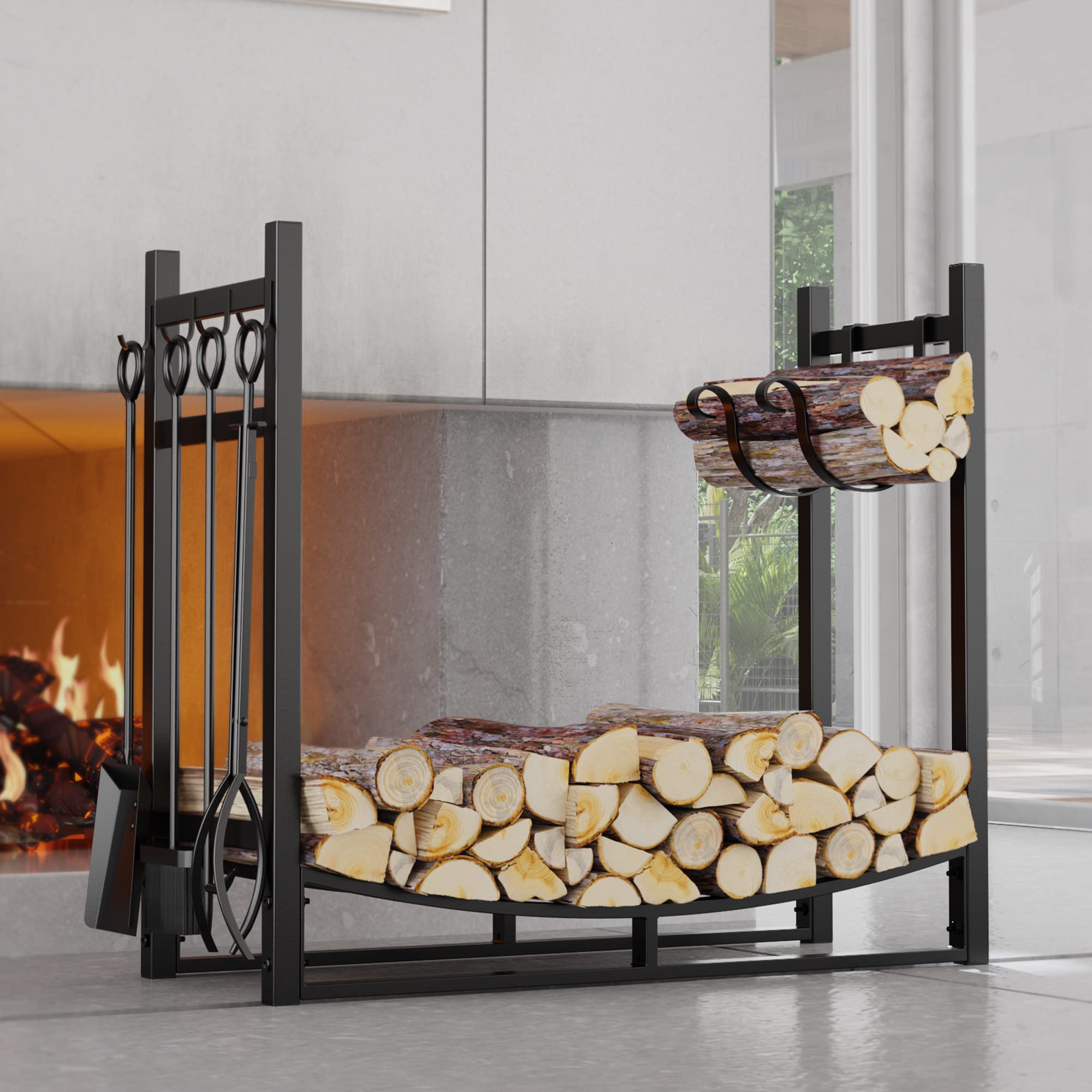 Fireplace Log Rack with Kindling Holder and 4 Tools