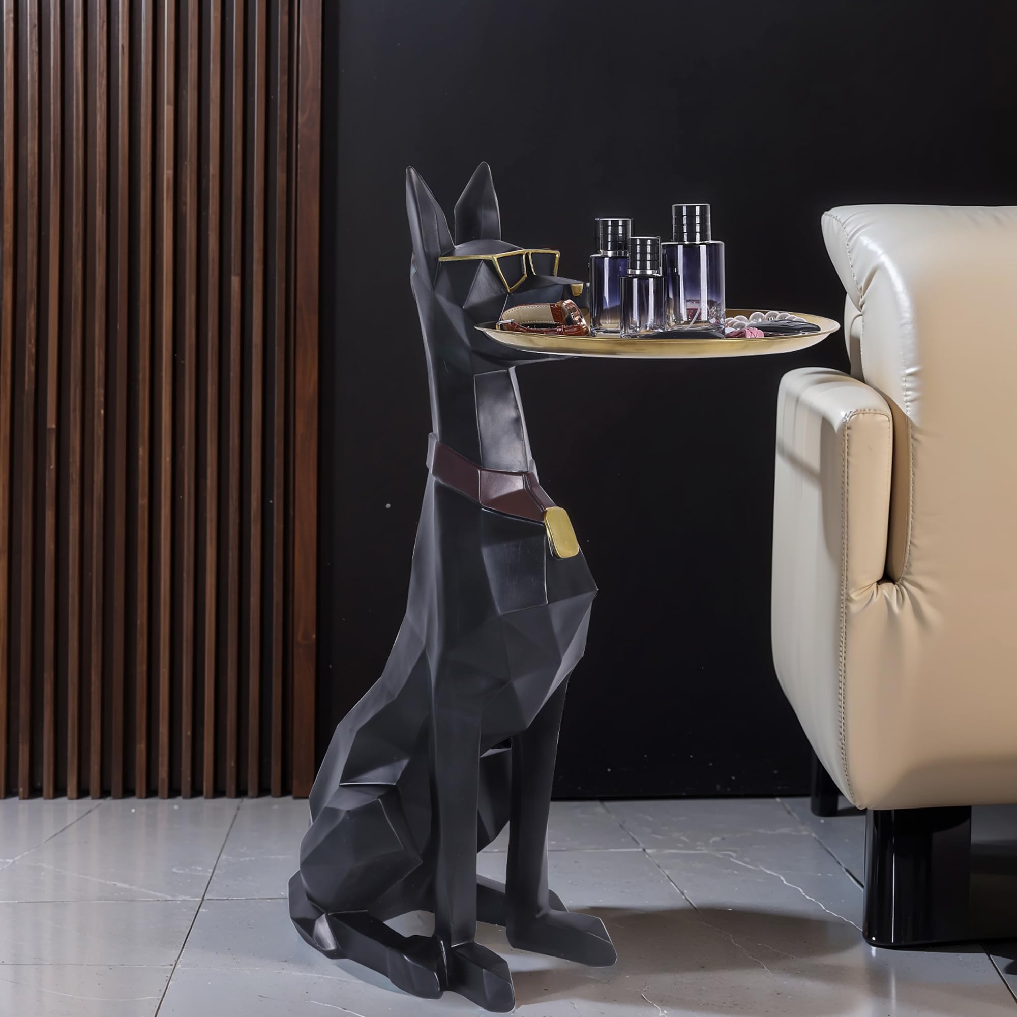 Geometric Dog Butler Statue Accent Table with Tray