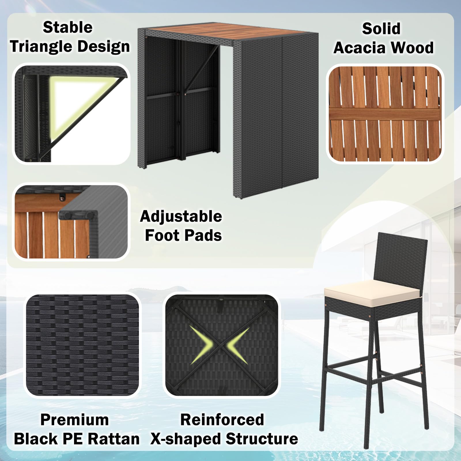5-Piece Outdoor Bar Set with Acacia Wood Table