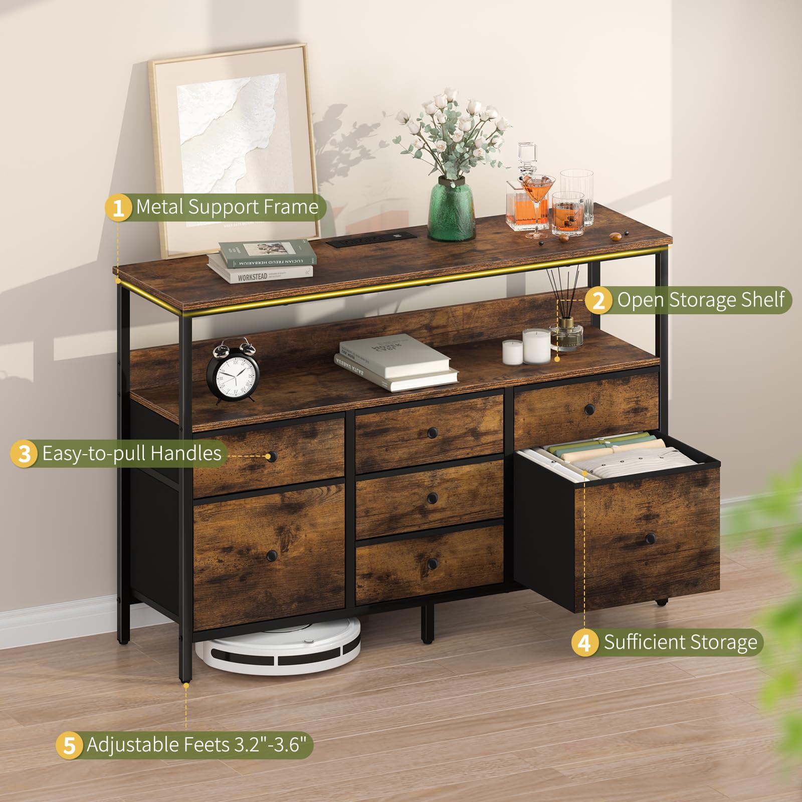 LED TV Stand with 7 Drawers and Power Outlets