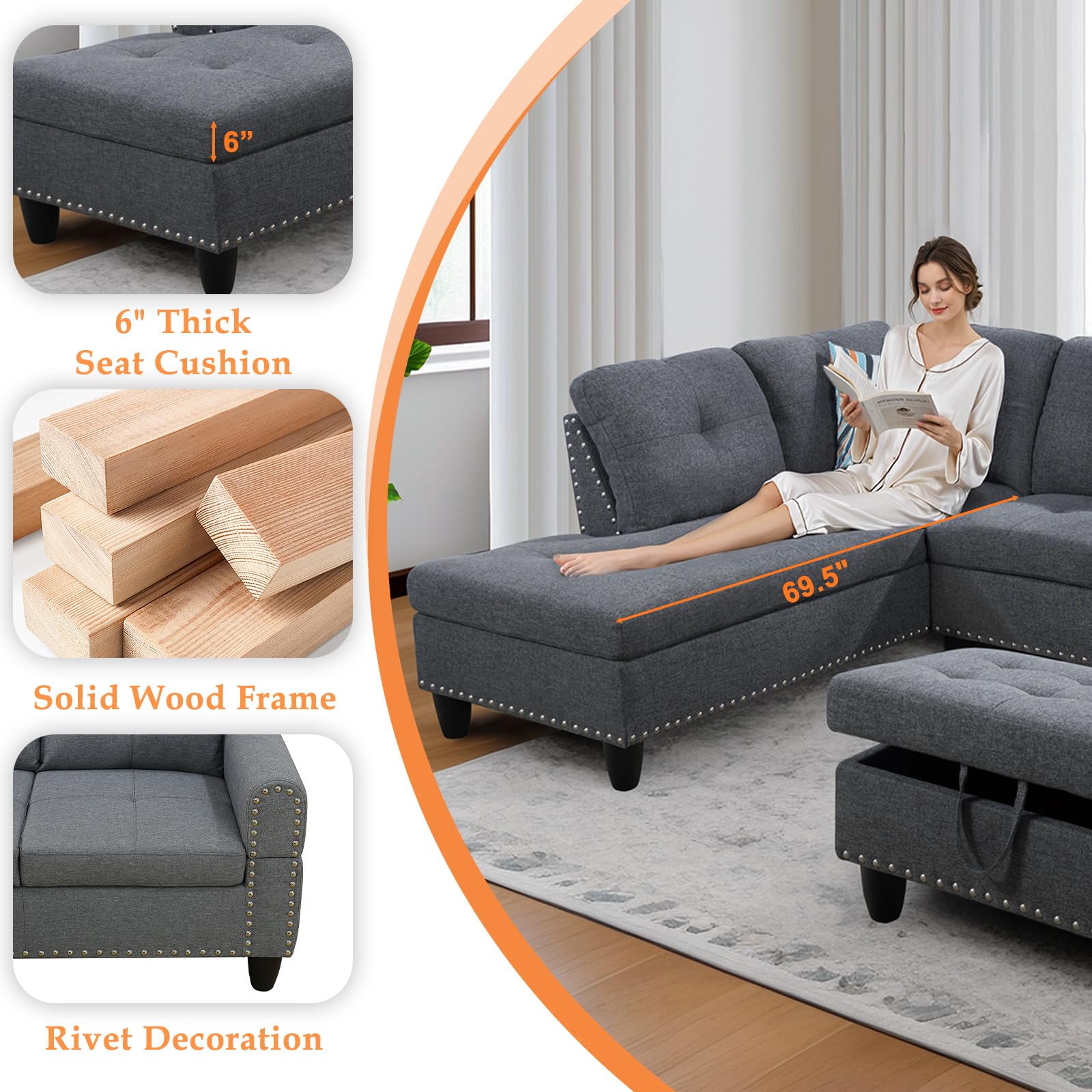 Sectional Sofa with Chaise Lounge and Ottoman