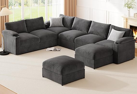 Oversized Modular Sectional Sofa Grey Velvet U-Shaped 8-Seat