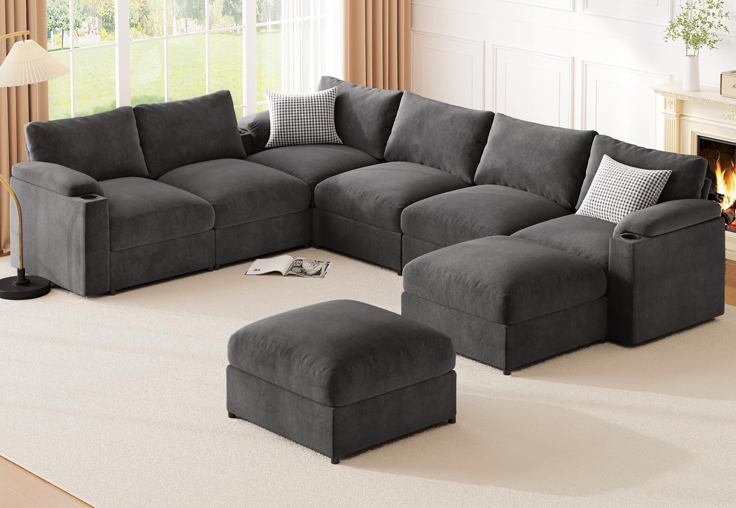 Oversized Modular Sectional Sofa Grey Velvet U-Shaped 8-Seat