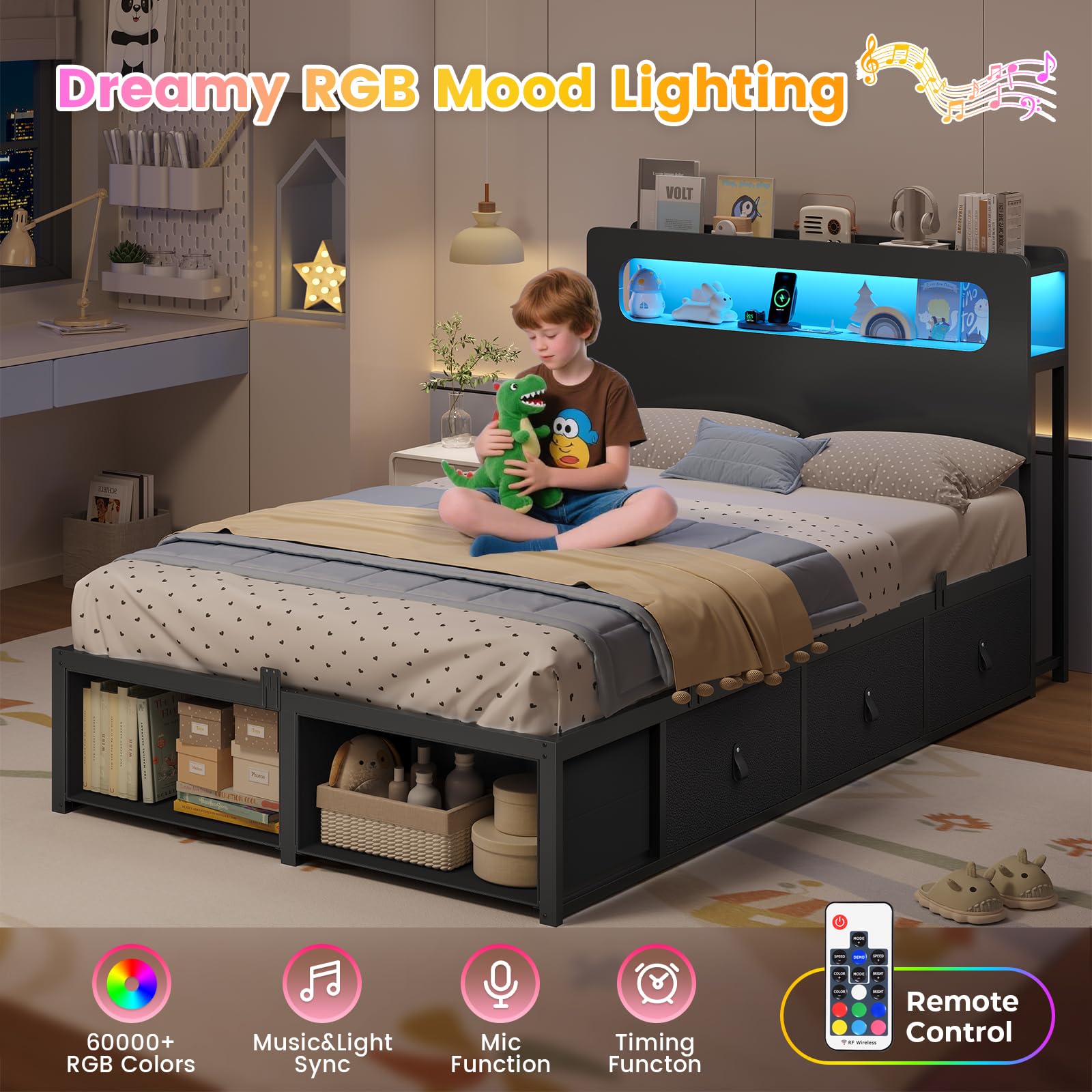 ADORNEVE Twin Bed Frame with 6 Storage Drawers & 2-Tier LED Headboard – Kids Boy Bed with Power Outlets & RGB Lights, 2 Footboard Cubbies– Space-Saving No Box Spring Needed, Black