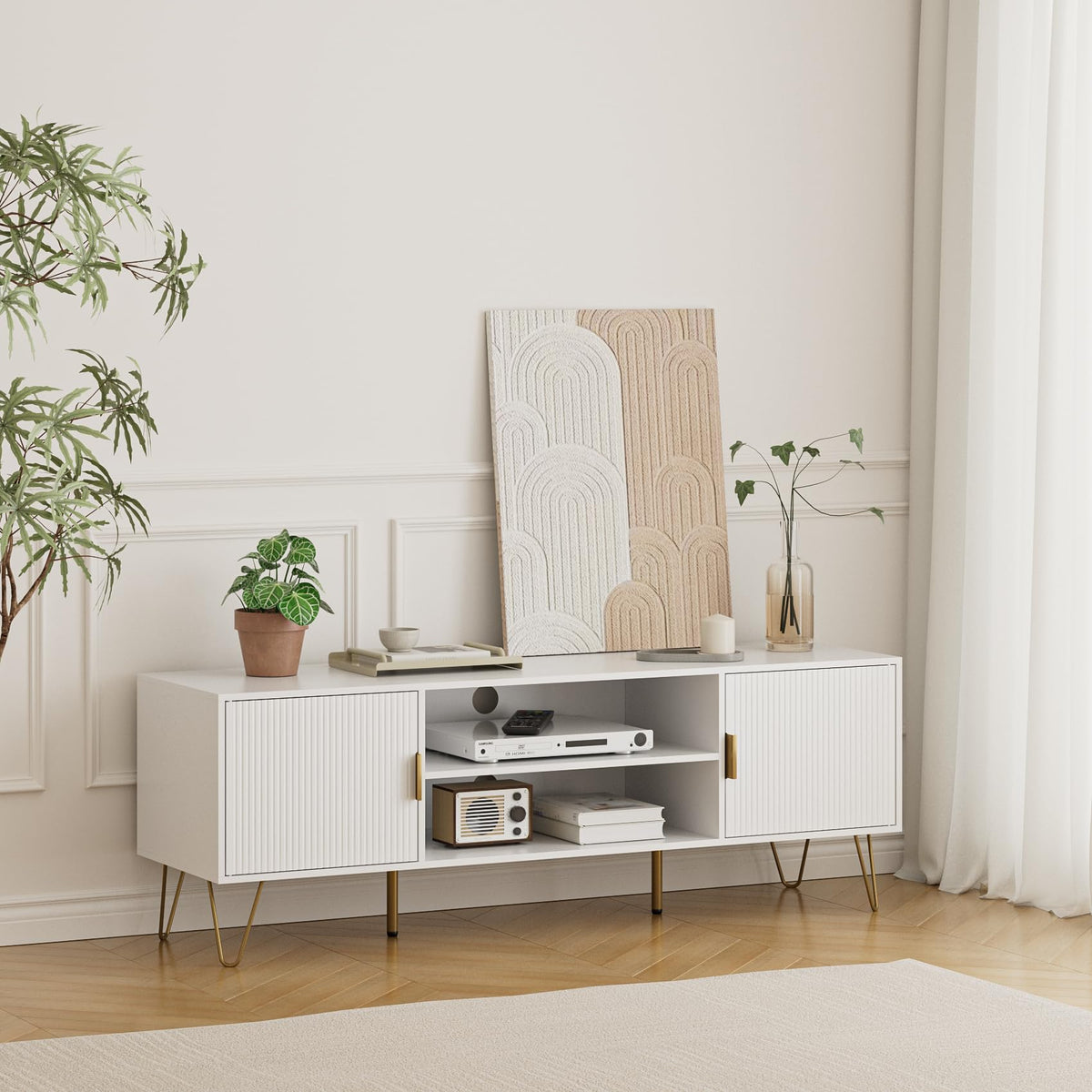 TV Stand for 55-65 Inch TV with Soft Hinge Door and 2 Cabinets