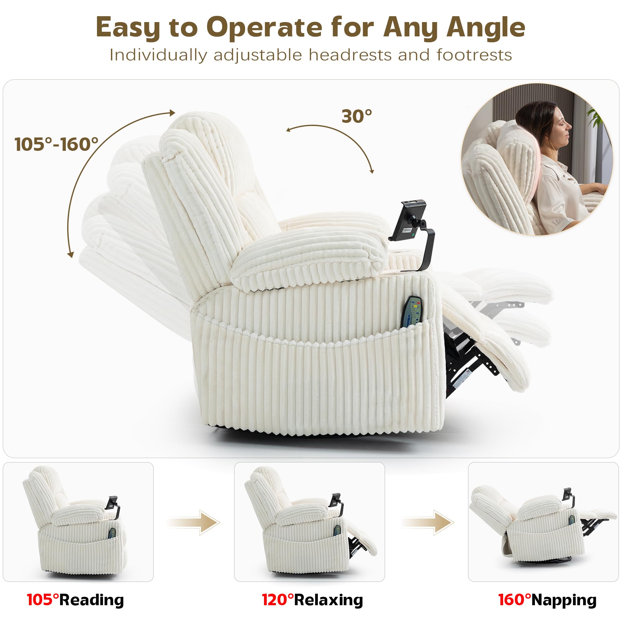 Power Swivel Rocker Recliner with Dual Motor, Vibration, Heat & USB Ports