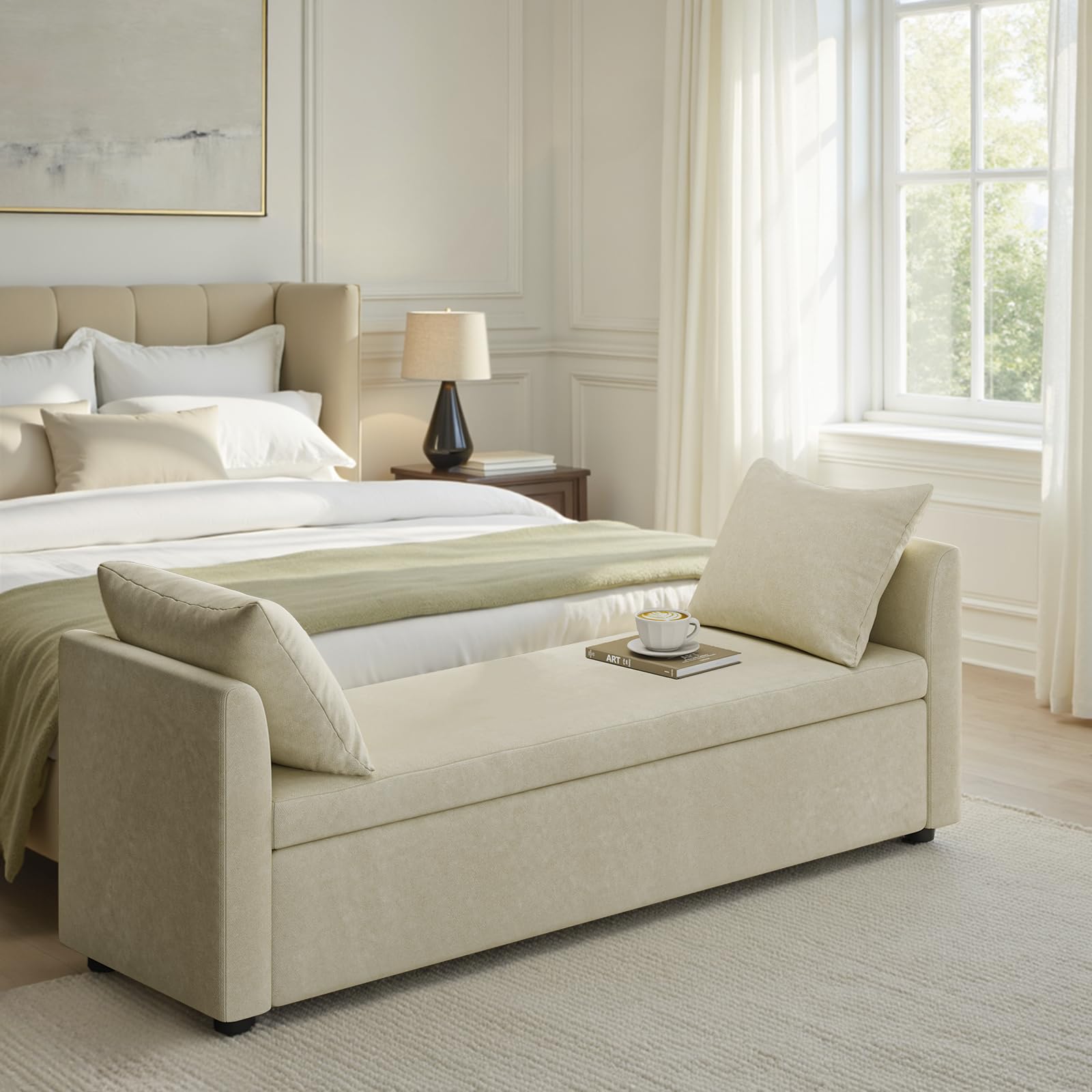 59.4" Modern Storage Bench with Throw Pillows - Beige Upholstered Ottoman