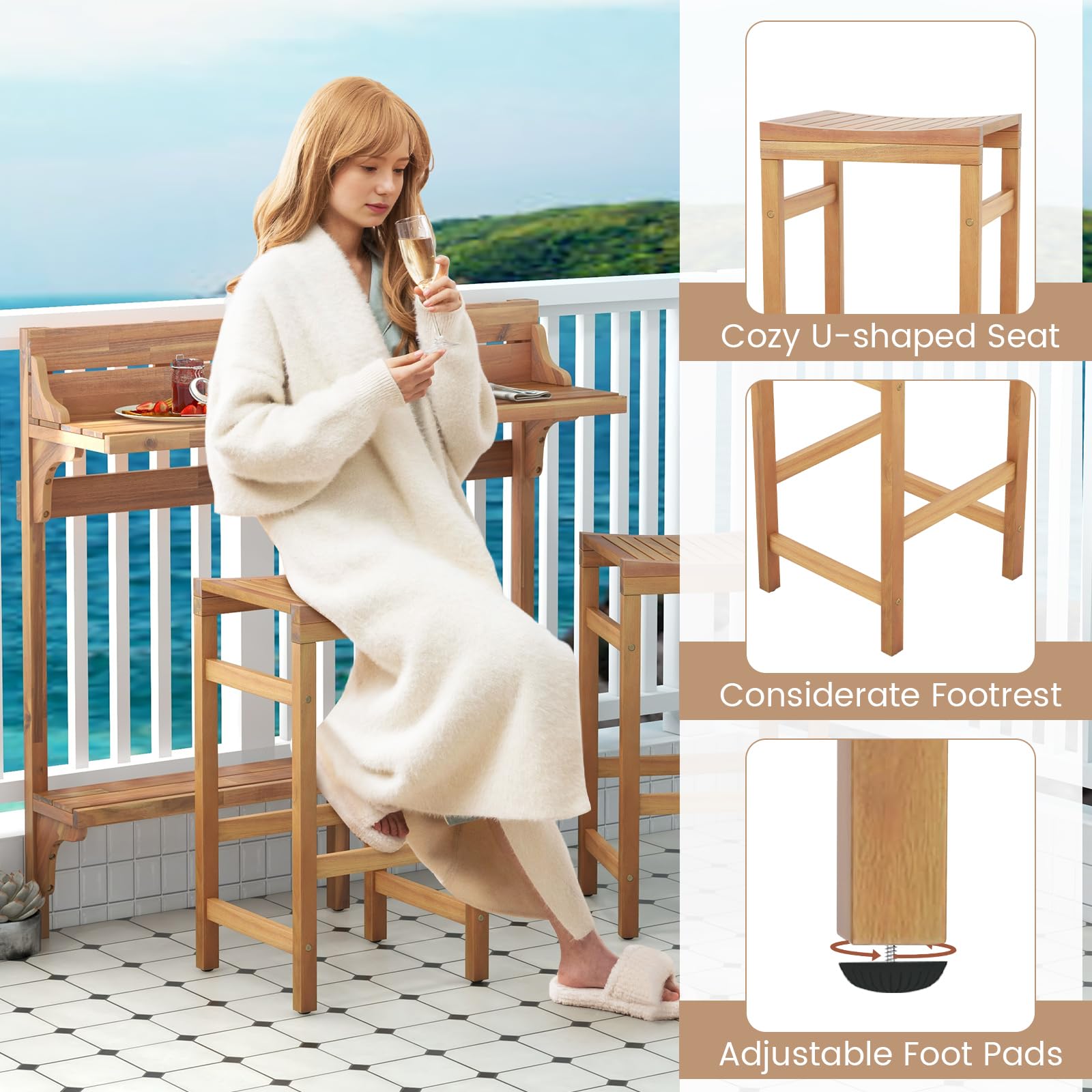 3-Piece Acacia Wood Balcony Bar Set with Stools