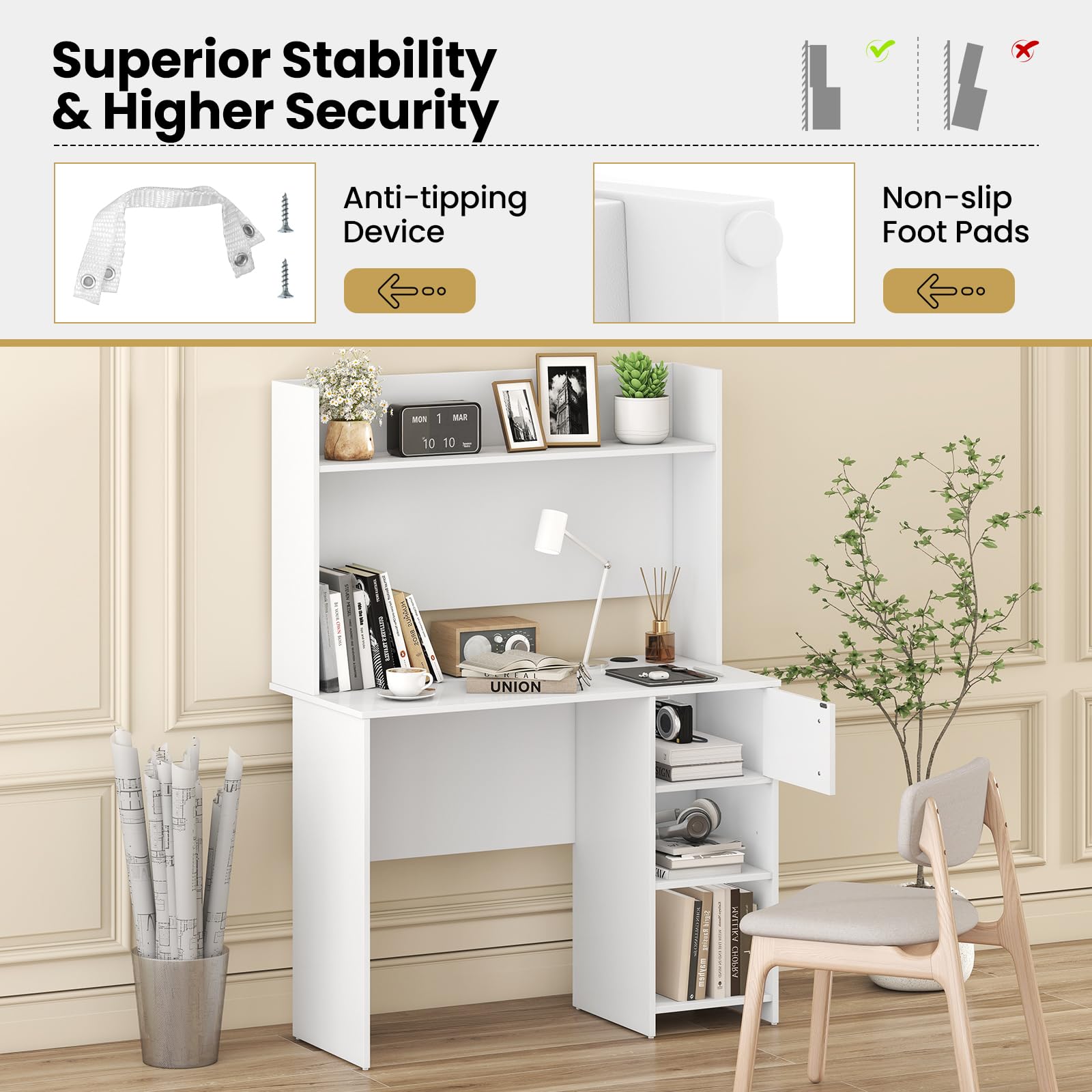 White Desk with Hutch and Bookshelf