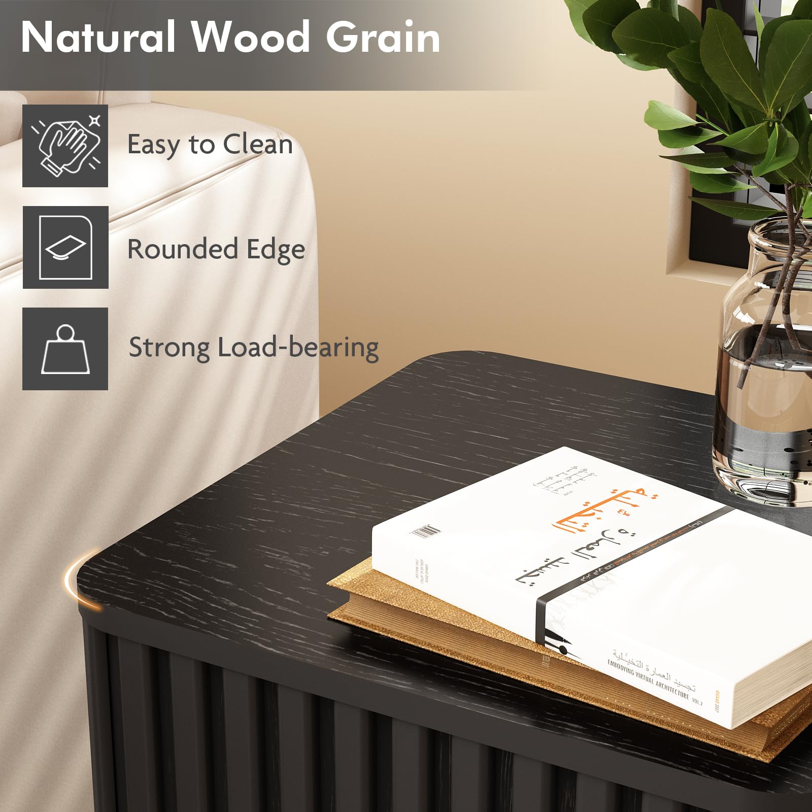 HOKYHOKY Fluted Side Table with Storage-Small Square End Table with Solid Wood Veneer Top, Accent Tables Modern Farmhouse Pedestal Drink Tables for Couch Sofa Living Room,Black