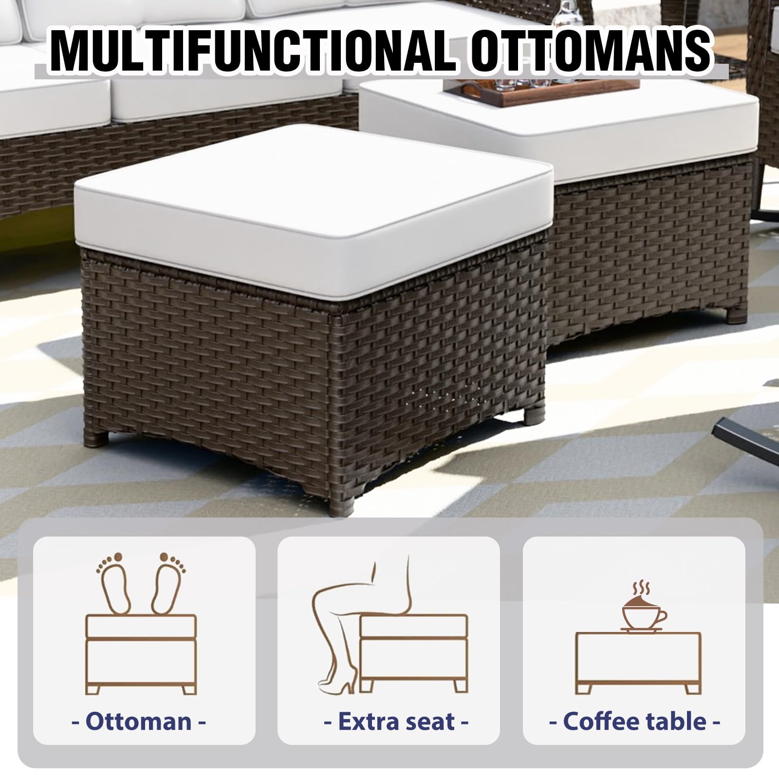 Outdoor Wicker Ottoman Set of 2 Square Rattan Footrest