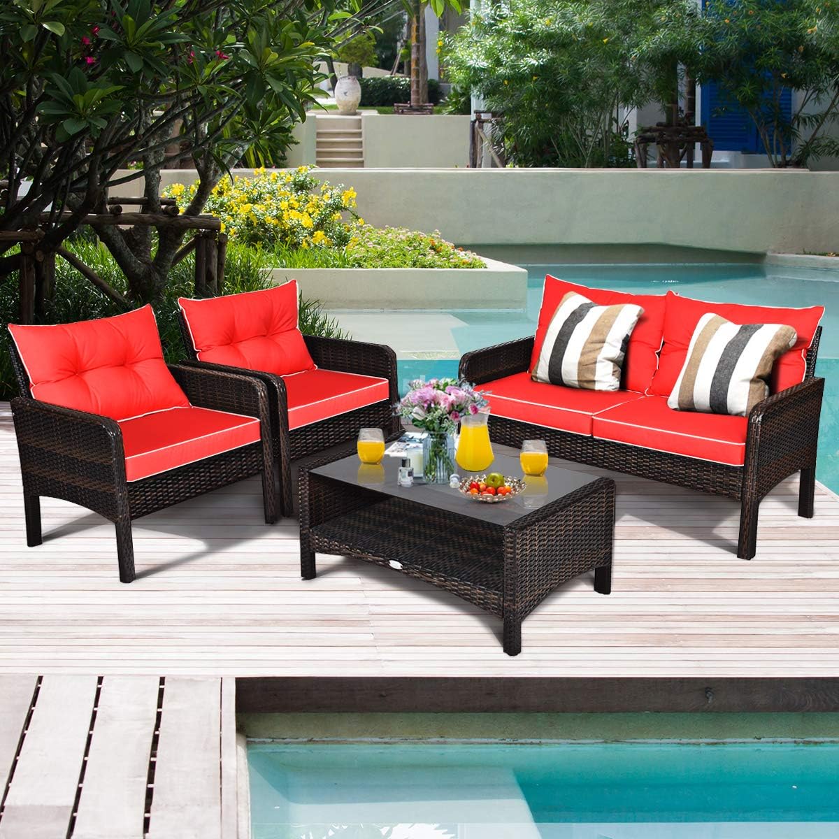 4 Piece Outdoor Patio Furniture Set with Glass Coffee Table