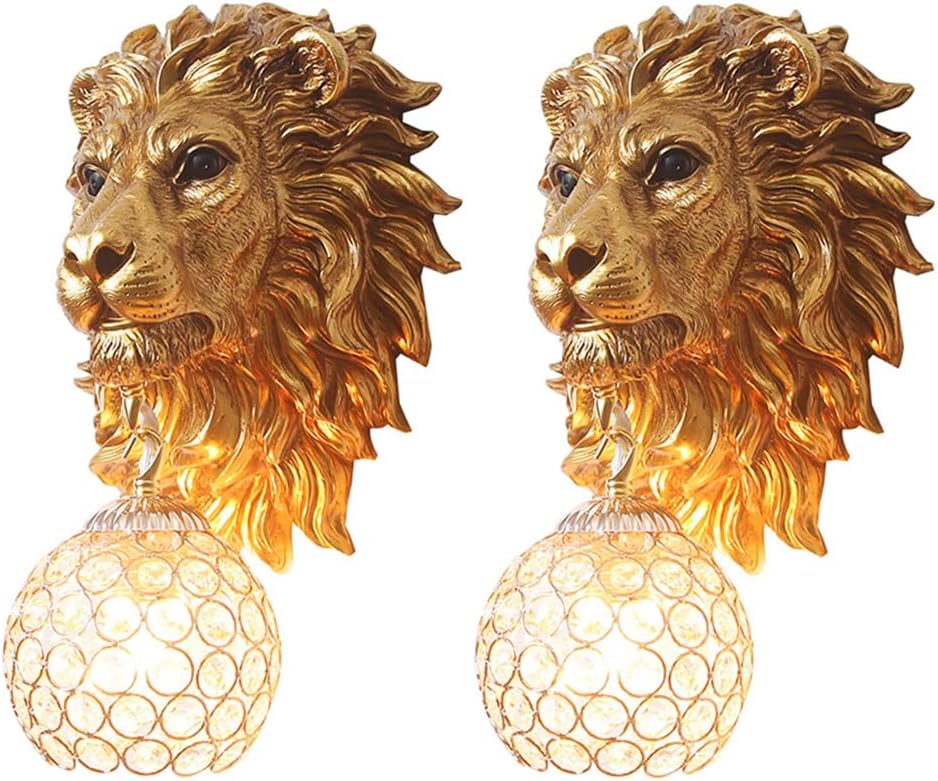 Vintage Gold Lion Wall Sconces Set of 2 with Crystal Beaded Shade